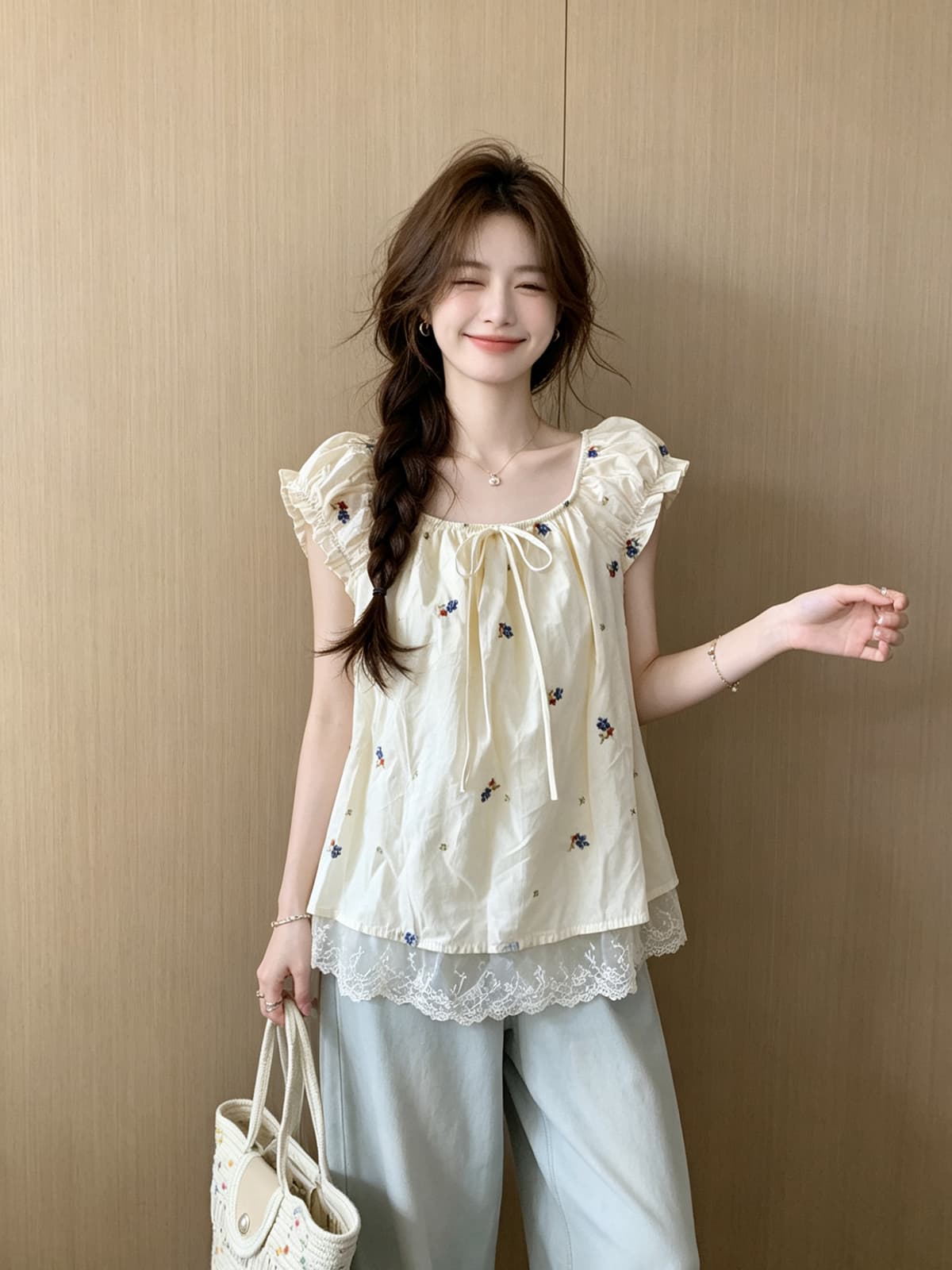 한 부서 달콤함 자수 민소매 셔츠 2026 여름 새로운 여성 레이스 조각 페이크 레이어드 인형 셔츠 맨위 여성 상세 이미지 7