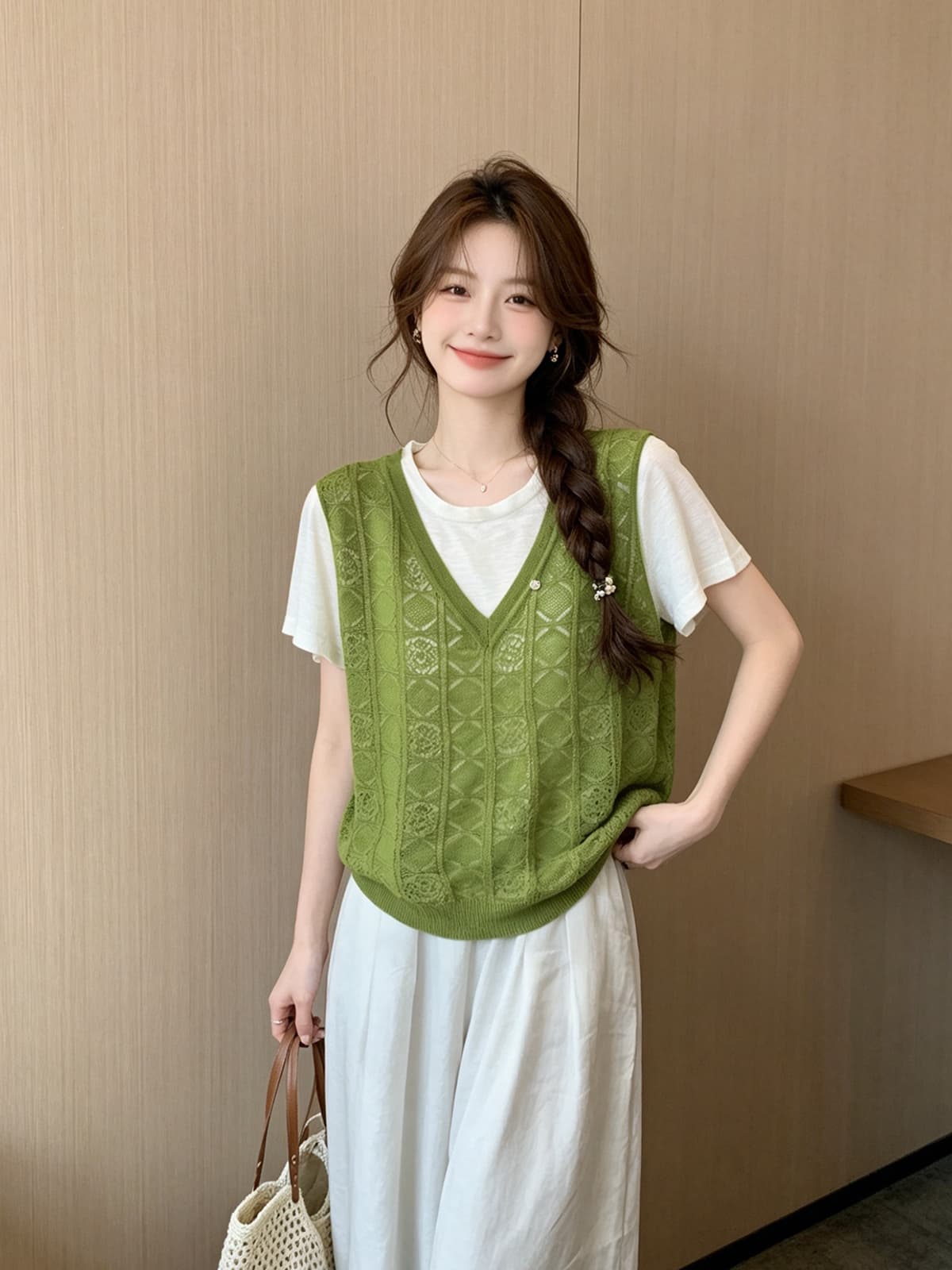 한 부서 미니멀리즘 홀로우 아웃 조끼 배색 페이크 레이어드 반팔 니트 스웨터 티셔츠 여름 새로운 루즈핏 슬림해 보이는 맨위
