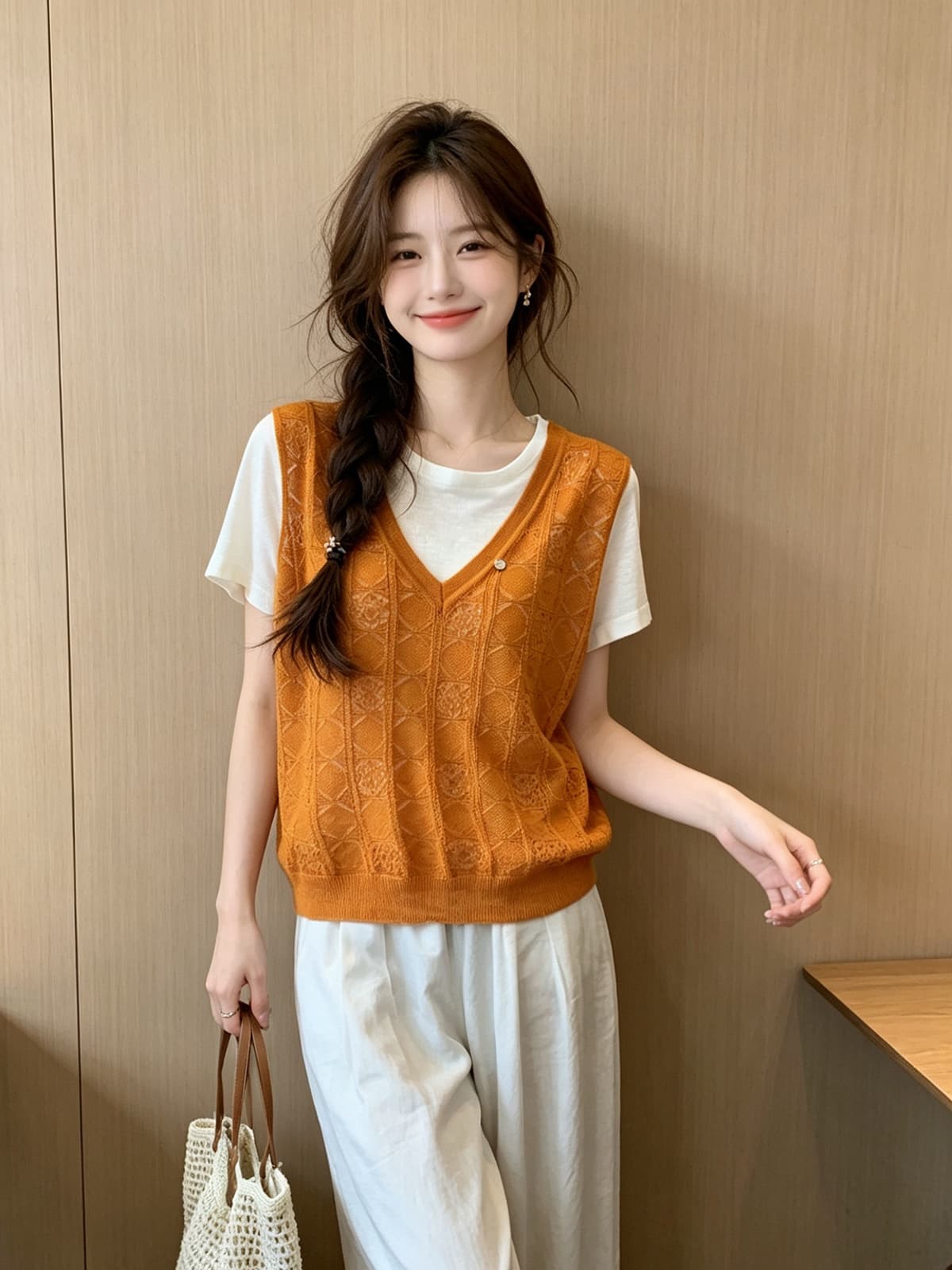 한 부서 미니멀리즘 홀로우 아웃 조끼 배색 페이크 레이어드 반팔 니트 스웨터 티셔츠 여름 새로운 루즈핏 슬림해 보이는 맨위 이미지 4