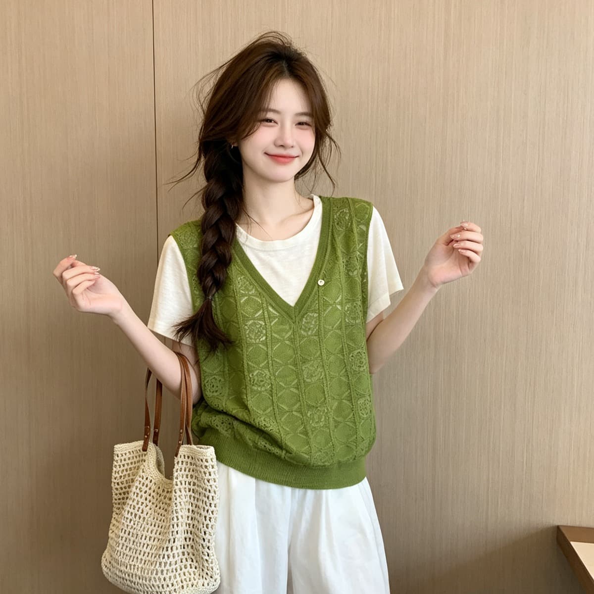 한 부서 미니멀리즘 홀로우 아웃 조끼 배색 페이크 레이어드 반팔 니트 스웨터 티셔츠 여름 새로운 루즈핏 슬림해 보이는 맨위 이미지 5