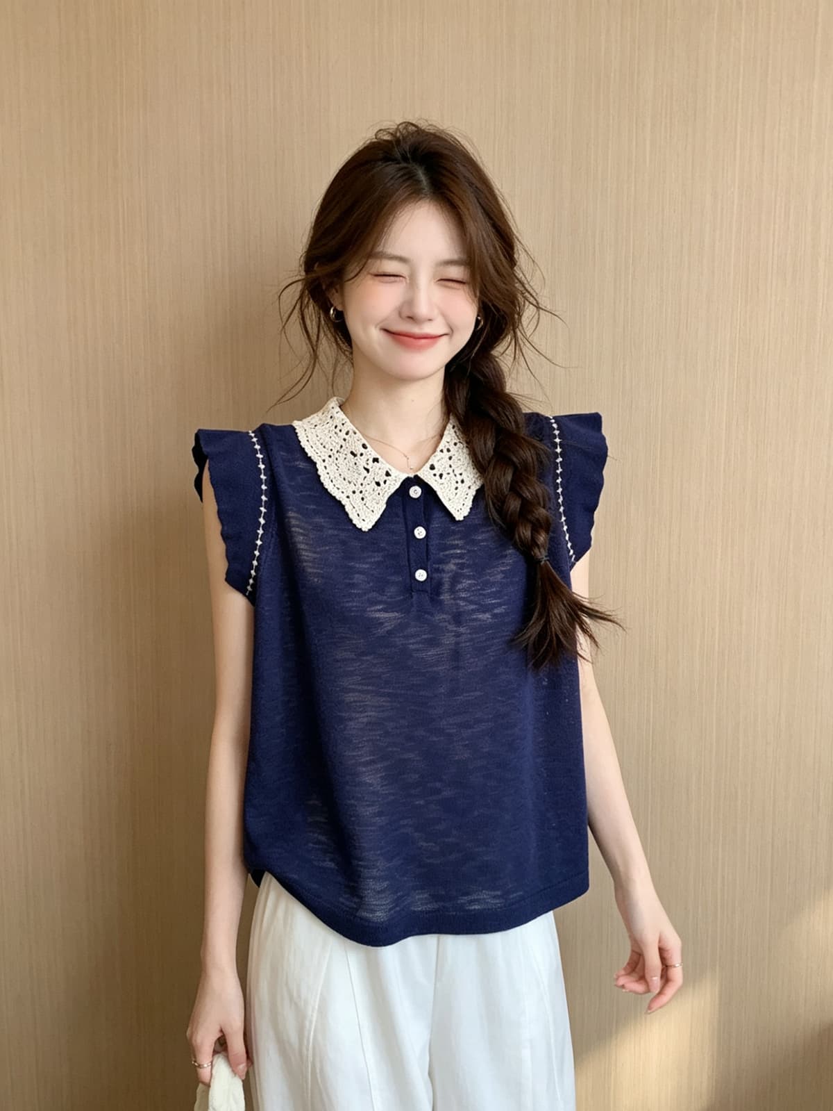 한국 스타일 오래된 돈 바람 여름 새로운 레이스 베이비 칼라 루즈핏 캐주얼 Feifei 소매 베스트 니트 티셔츠 여성 셔츠 이미지 3