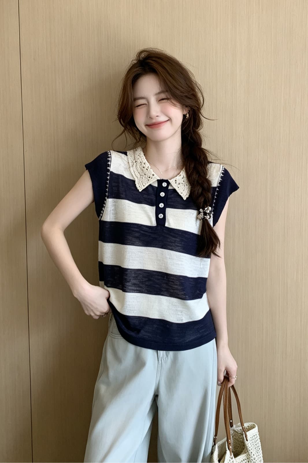 한국 스타일 오래된 돈 바람 여름 새로운 레이스 베이비 칼라 루즈핏 캐주얼 Feifei 소매 베스트 니트 티셔츠 여성 셔츠 이미지 6