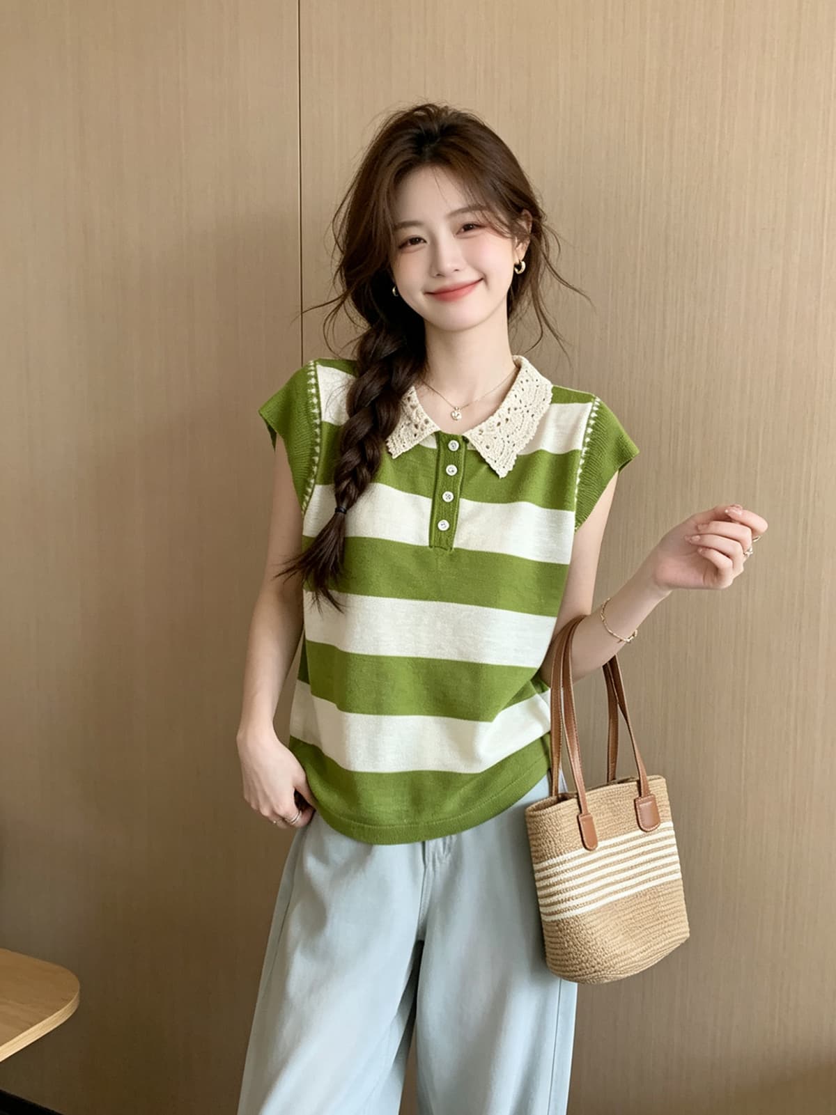 한국 스타일 오래된 돈 바람 여름 새로운 레이스 베이비 칼라 루즈핏 캐주얼 Feifei 소매 베스트 니트 티셔츠 여성 셔츠 상세 이미지 2