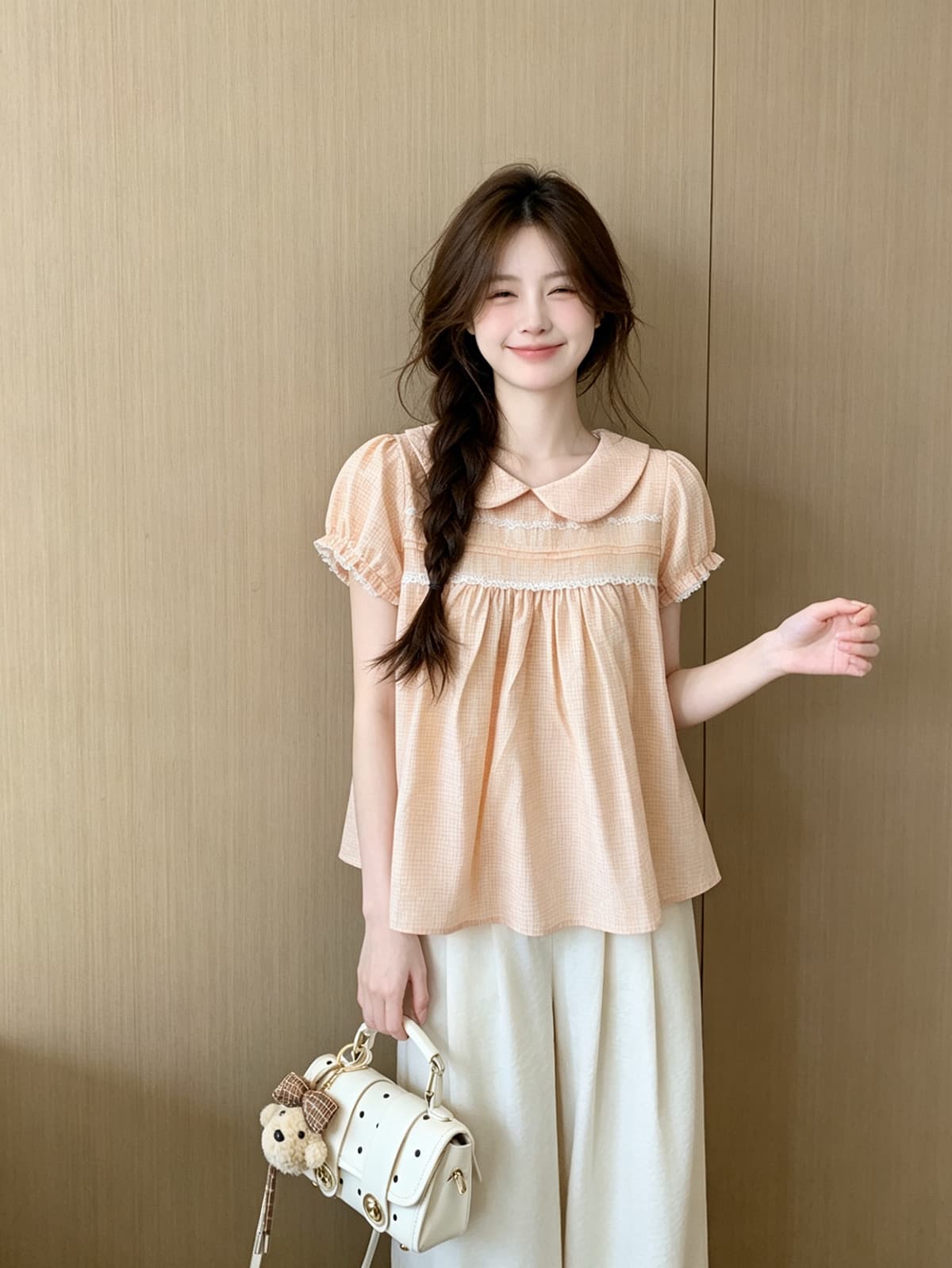 달콤함 베이비 칼라 레이스 레이스 거품 소매 여성 셔츠 여름 2026 새로운 디자인 센스 체크무늬 슬림해 보이는 맨위 이미지 4