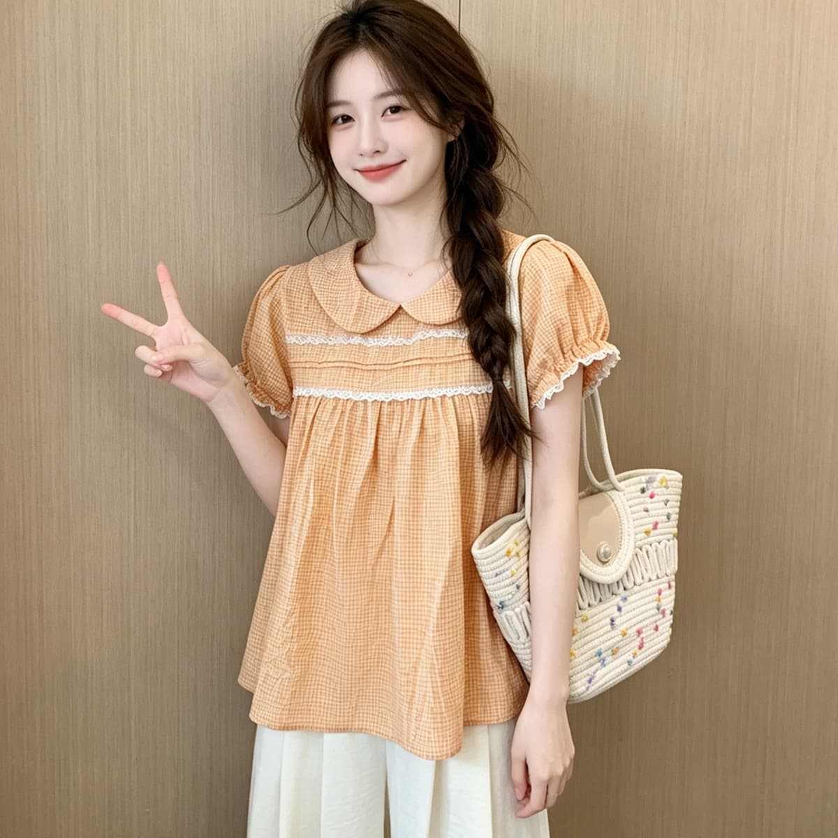 달콤함 베이비 칼라 레이스 레이스 거품 소매 여성 셔츠 여름 2026 새로운 디자인 센스 체크무늬 슬림해 보이는 맨위 이미지 5