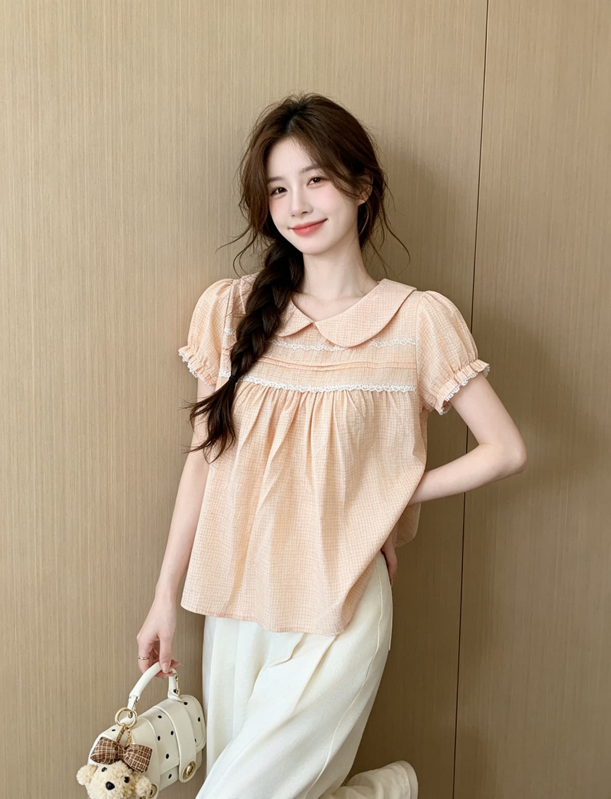 달콤함 베이비 칼라 레이스 레이스 거품 소매 여성 셔츠 여름 2026 새로운 디자인 센스 체크무늬 슬림해 보이는 맨위 상세 이미지 3