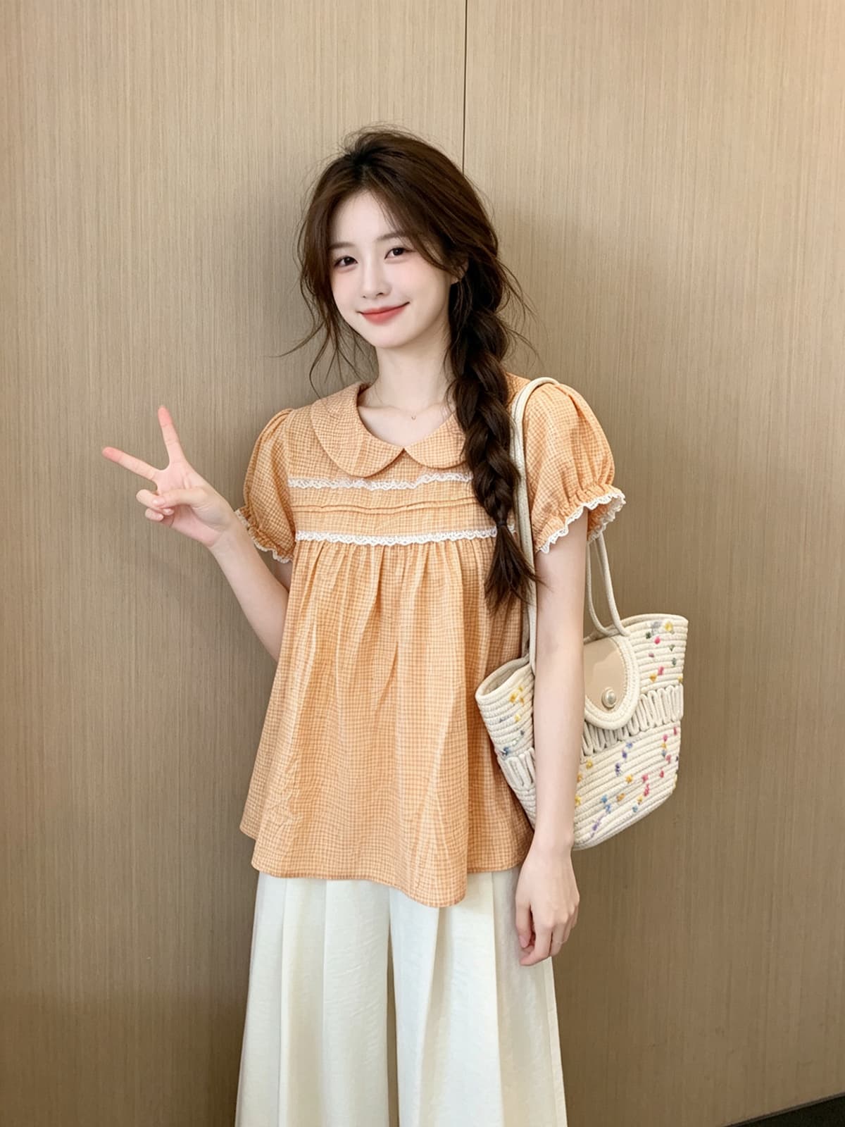 달콤함 베이비 칼라 레이스 레이스 거품 소매 여성 셔츠 여름 2026 새로운 디자인 센스 체크무늬 슬림해 보이는 맨위 상세 이미지 6