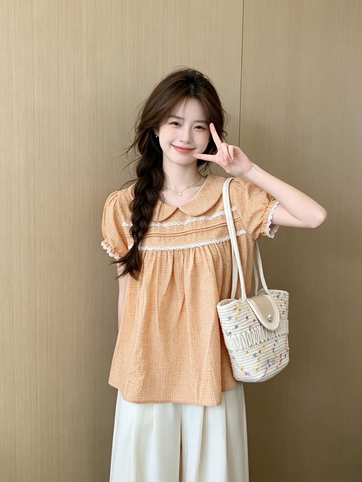 달콤함 베이비 칼라 레이스 레이스 거품 소매 여성 셔츠 여름 2026 새로운 디자인 센스 체크무늬 슬림해 보이는 맨위 상세 이미지 7