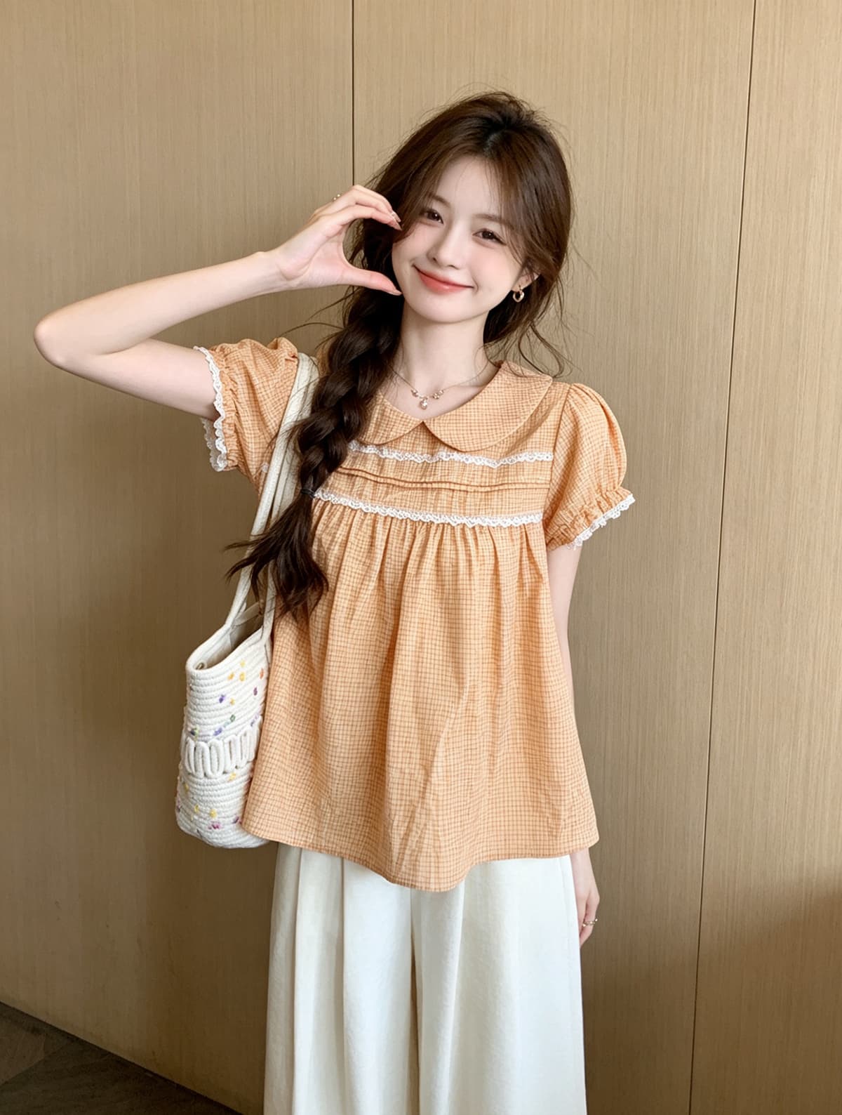 달콤함 베이비 칼라 레이스 레이스 거품 소매 여성 셔츠 여름 2026 새로운 디자인 센스 체크무늬 슬림해 보이는 맨위 상세 이미지 8