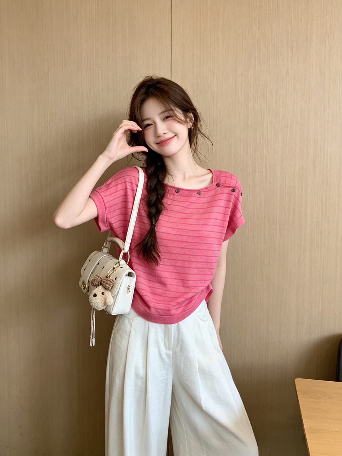 한 부서 미니멀리즘 대나무 마디 마 티셔츠 2026 여름 새로운 달콤함 스트라이프 라운드 넥 단추 디자인 니트 스웨터 맨위 이미지 3