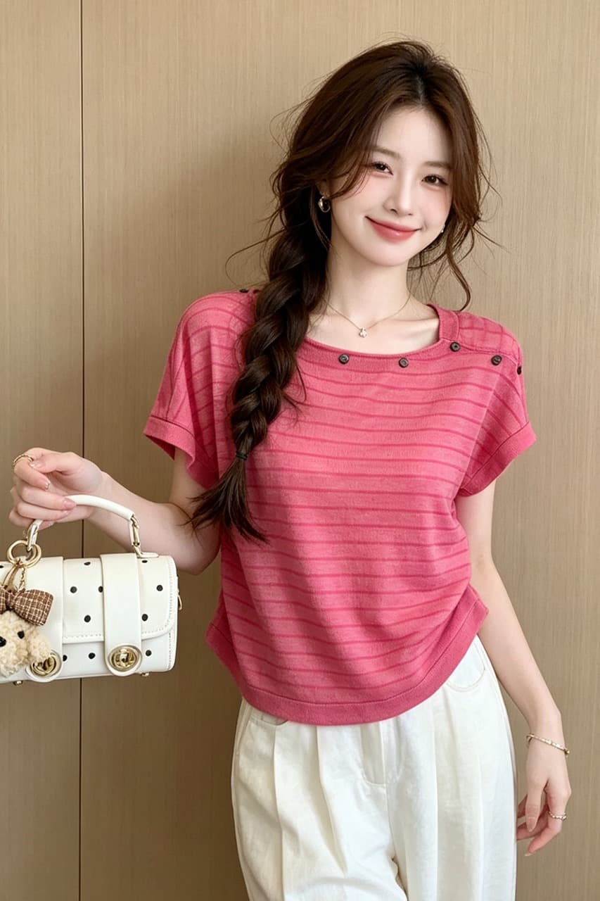 한 부서 미니멀리즘 대나무 마디 마 티셔츠 2026 여름 새로운 달콤함 스트라이프 라운드 넥 단추 디자인 니트 스웨터 맨위 이미지 6