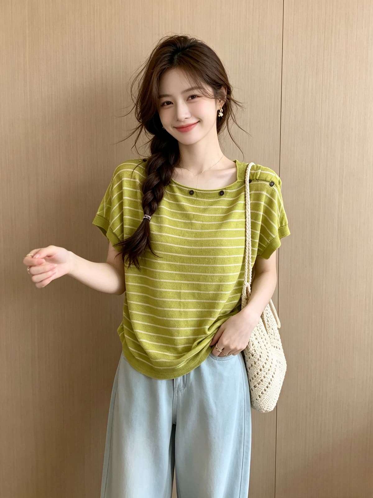 한 부서 미니멀리즘 대나무 마디 마 티셔츠 2026 여름 새로운 달콤함 스트라이프 라운드 넥 단추 디자인 니트 스웨터 맨위 상세 이미지 4