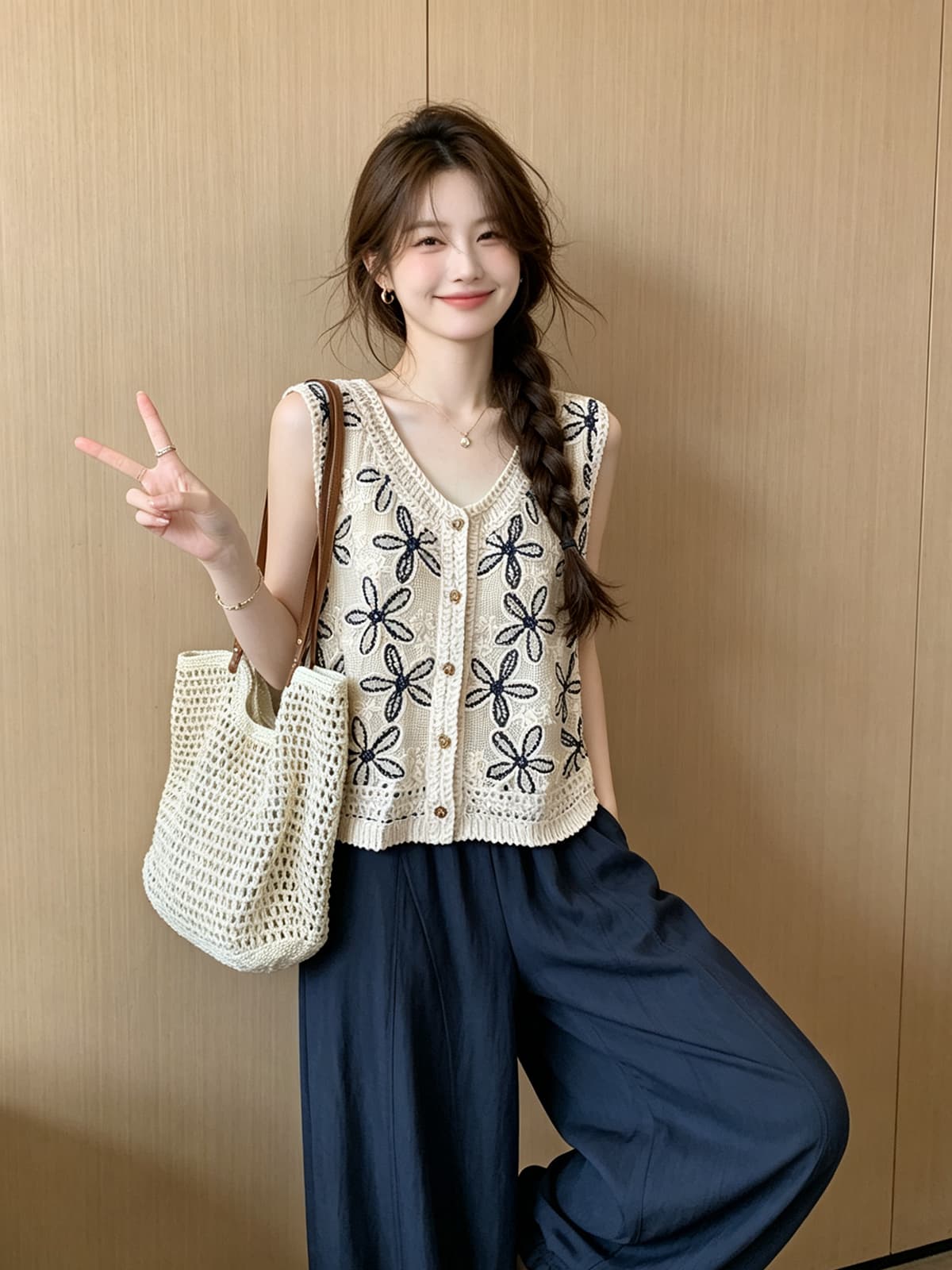 문예 휴가 바람 디자인 센스 V넥 홀로우 아웃 자수 조끼 여름 외출용 슬림해 보이는 니트 민소매 맨위 셔츠 상세 이미지 4