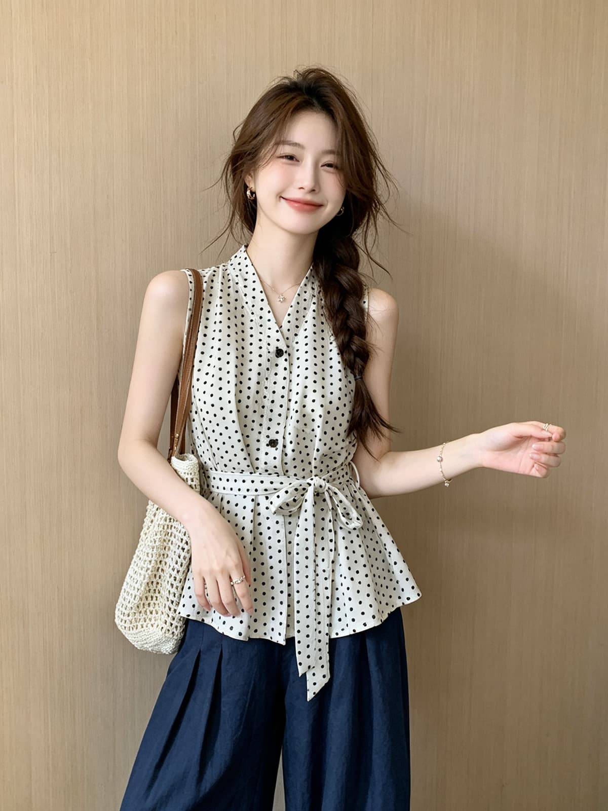항구 바람 착용 가져 가라. 스트랩 허리 수축 도트 무늬 셔츠 여자 2026 여름 새로운 세련된 Chic 아름다운 작은 셔츠 맨위 이미지 2