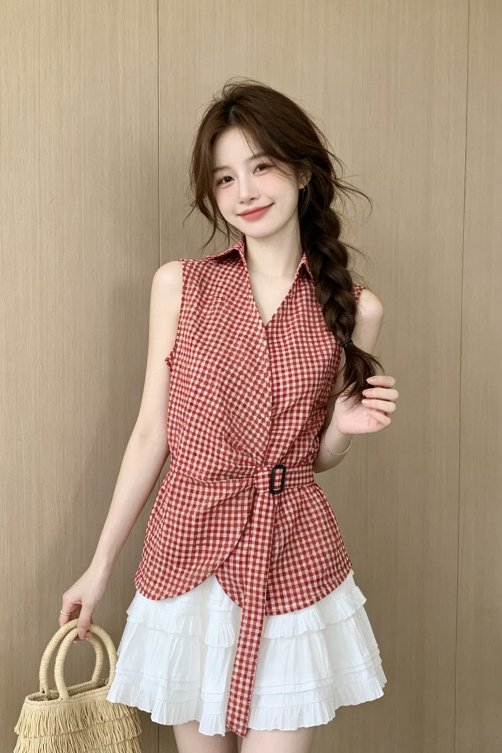 항구 바람 레트로 체크무늬 스탠드 칼라 셔츠 2026 여름 새로운 프랑스식 V넥 불규칙 스트랩 허리 수축 맨위 여성 이미지 6