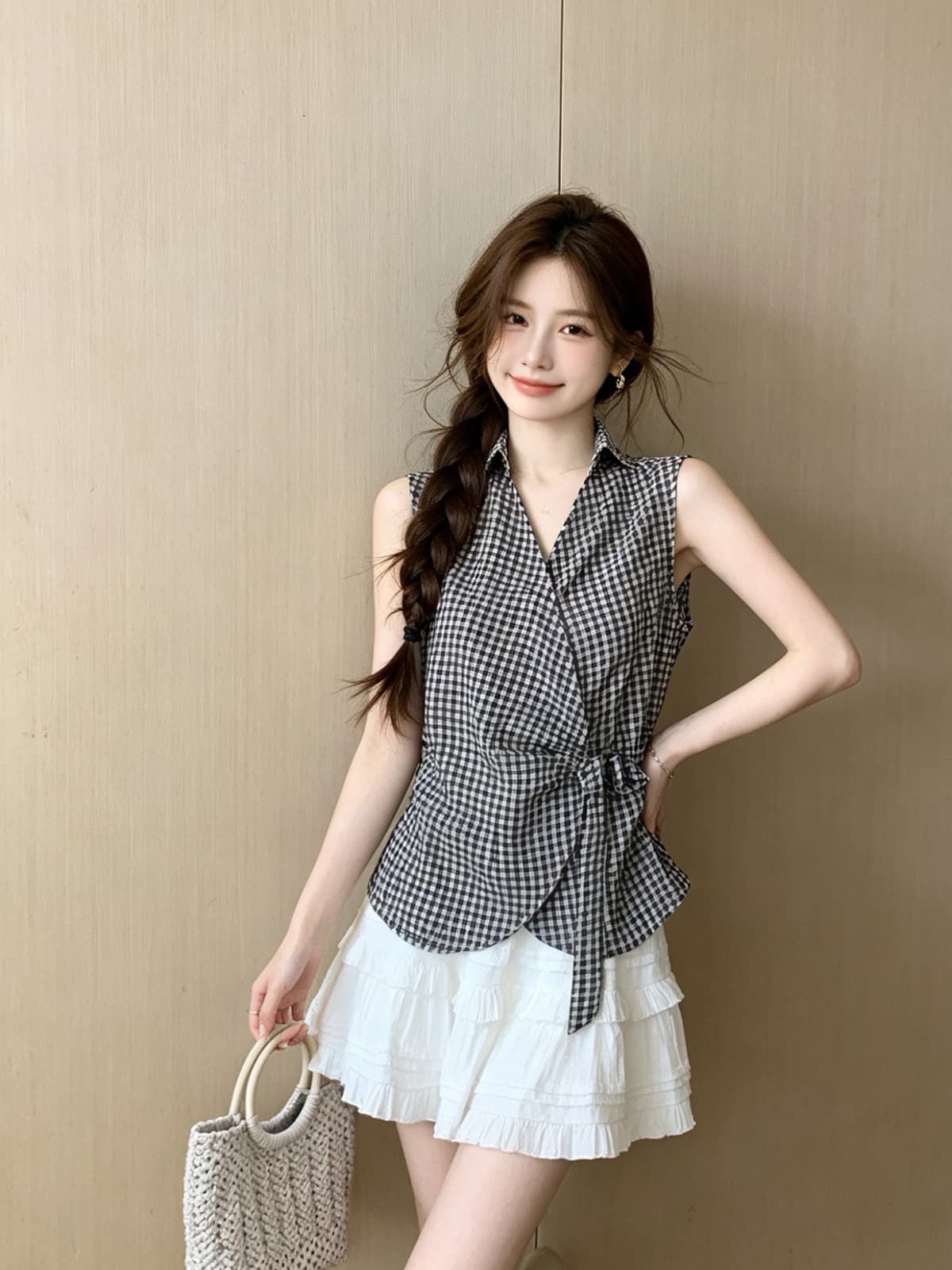 항구 바람 레트로 체크무늬 스탠드 칼라 셔츠 2026 여름 새로운 프랑스식 V넥 불규칙 스트랩 허리 수축 맨위 여성 상세 이미지 7