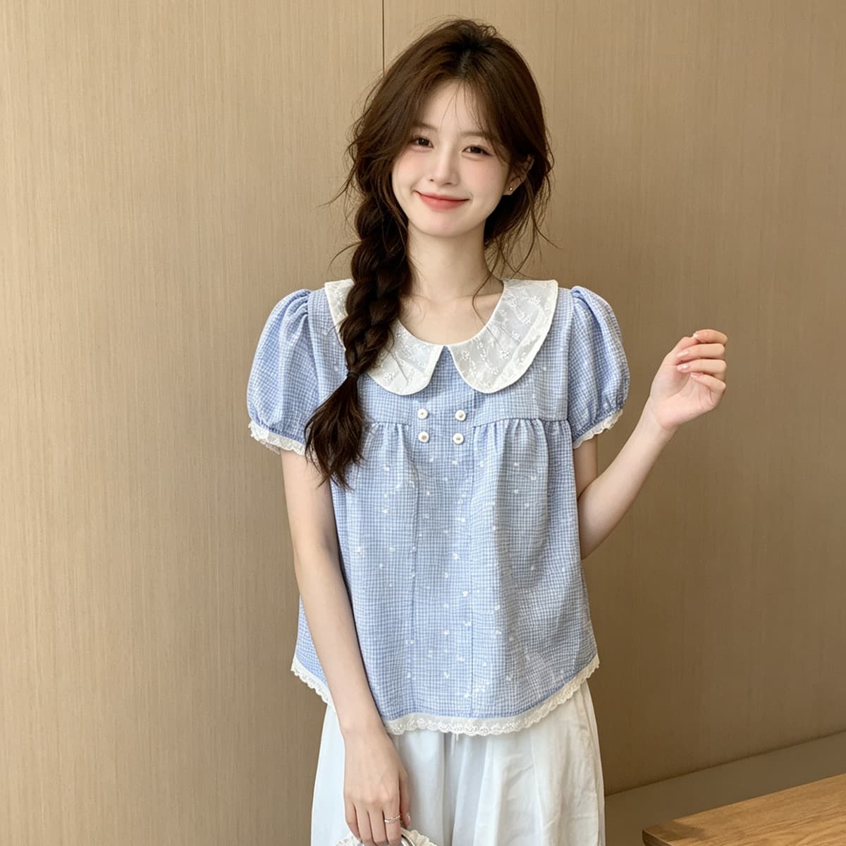한 부서 체크무늬 3 차원 프린트 패치워크 화이트 베이비 칼라 반팔 셔츠 2026 여름 새로운 루즈핏 맨위 여성 이미지 5