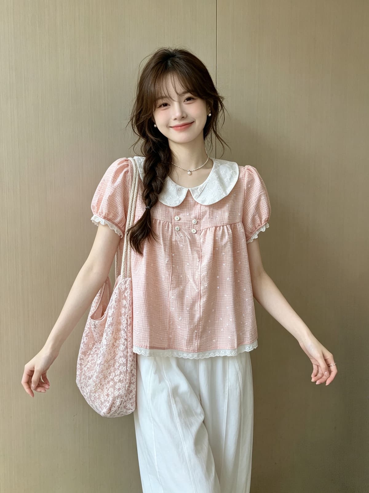 한 부서 체크무늬 3 차원 프린트 패치워크 화이트 베이비 칼라 반팔 셔츠 2026 여름 새로운 루즈핏 맨위 여성