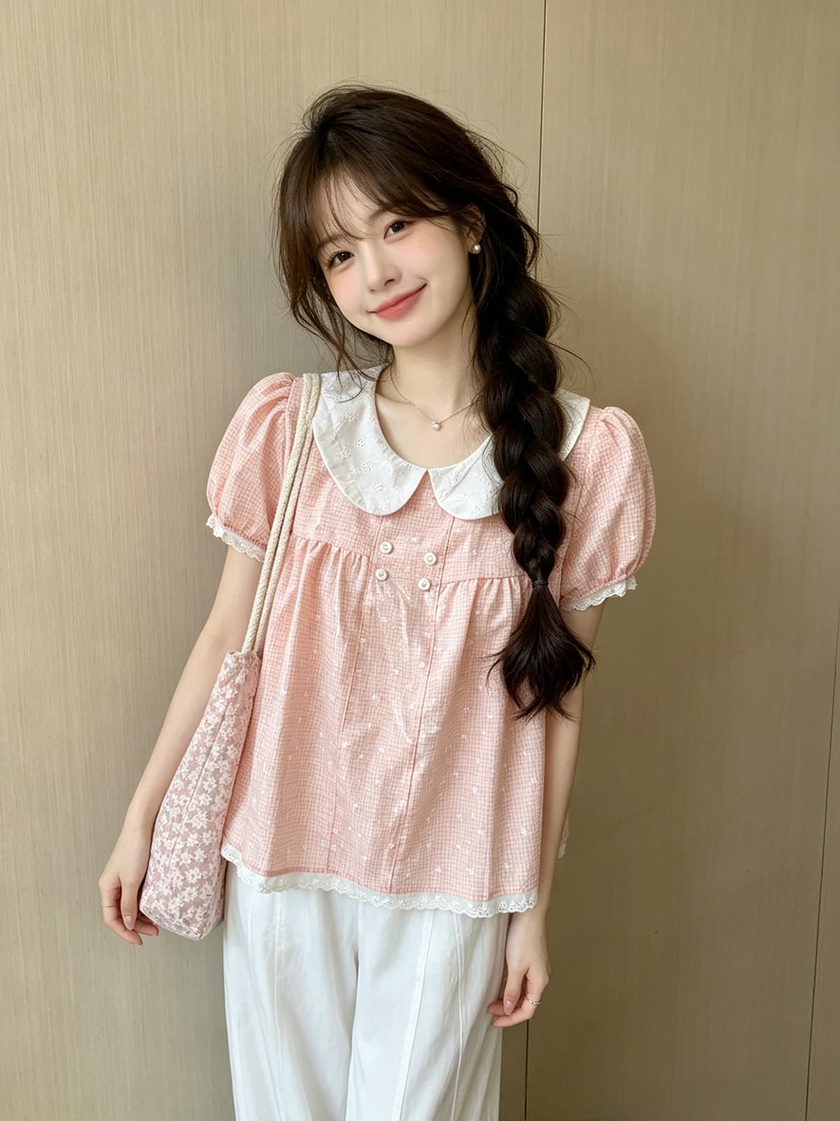 한 부서 체크무늬 3 차원 프린트 패치워크 화이트 베이비 칼라 반팔 셔츠 2026 여름 새로운 루즈핏 맨위 여성 이미지 4
