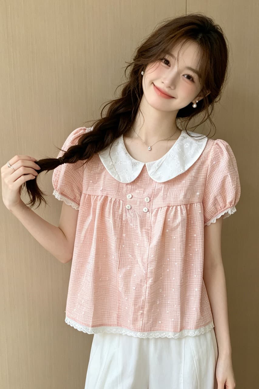 한 부서 체크무늬 3 차원 프린트 패치워크 화이트 베이비 칼라 반팔 셔츠 2026 여름 새로운 루즈핏 맨위 여성 이미지 6
