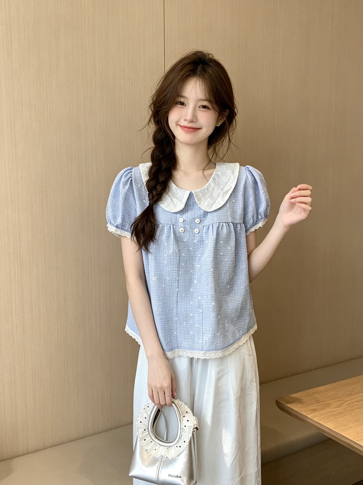 한 부서 체크무늬 3 차원 프린트 패치워크 화이트 베이비 칼라 반팔 셔츠 2026 여름 새로운 루즈핏 맨위 여성 상세 이미지 6
