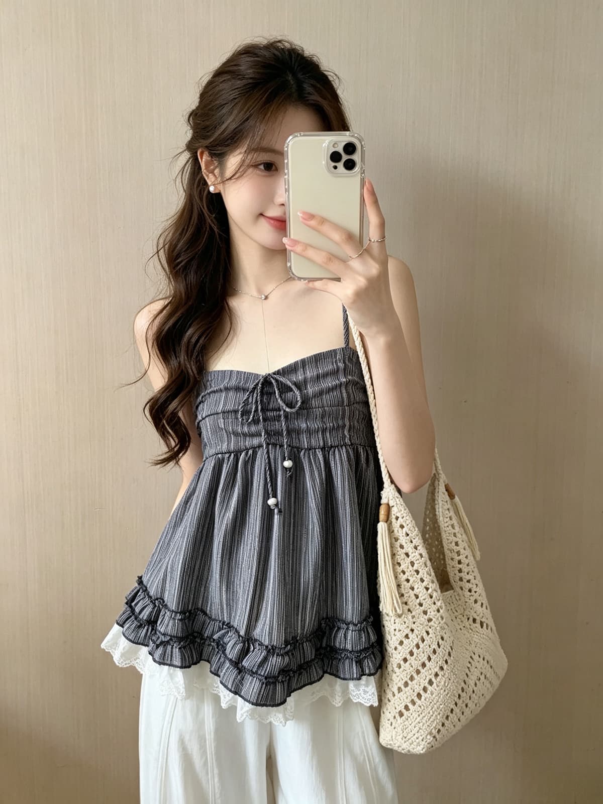 문예 휴가 바람 부드러운 나비 넥타이 스트라이프 캐미솔 프릴 레이스 조각 민소매 맨위 여성 이미지 4