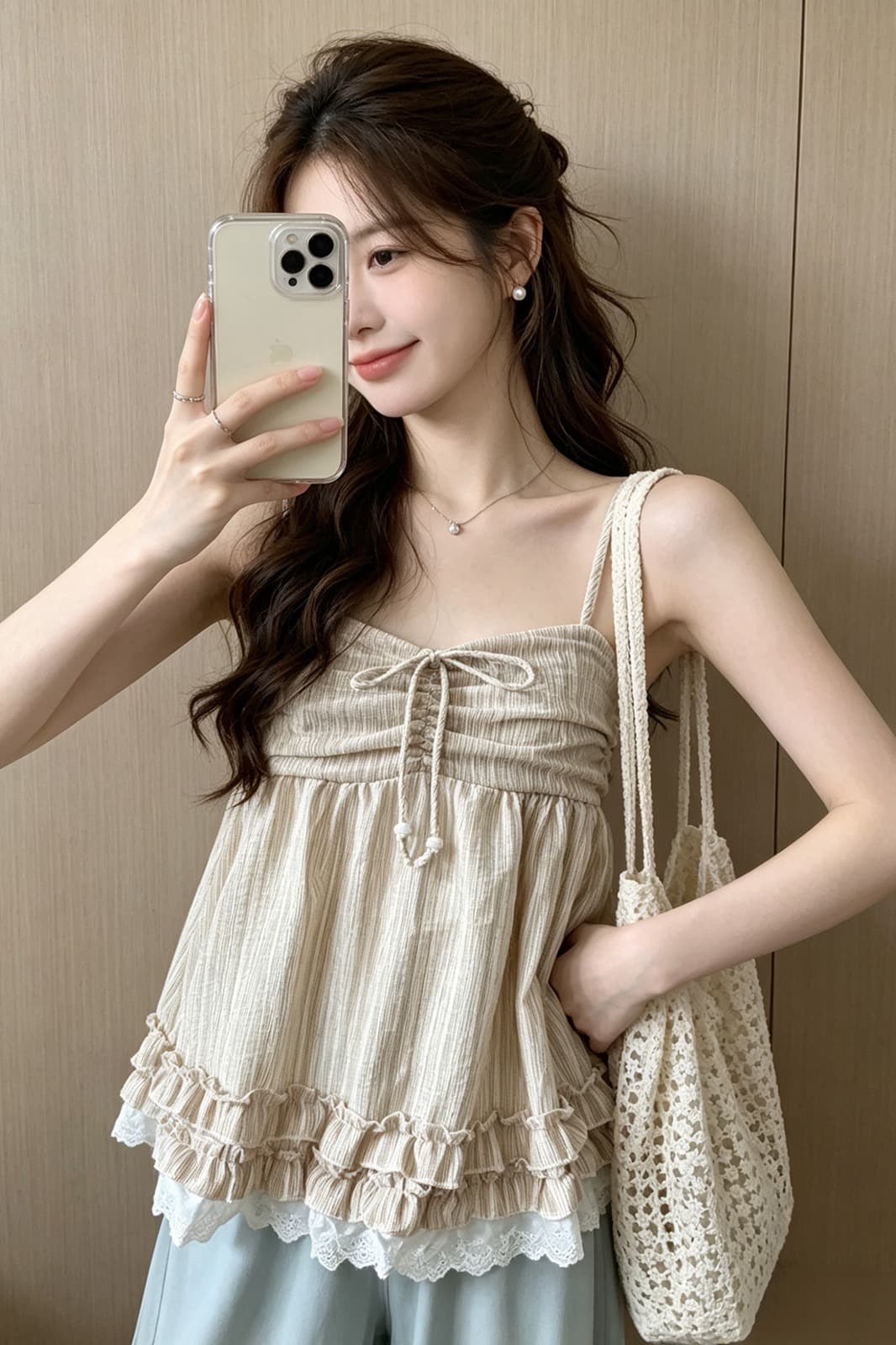 문예 휴가 바람 부드러운 나비 넥타이 스트라이프 캐미솔 프릴 레이스 조각 민소매 맨위 여성 이미지 6
