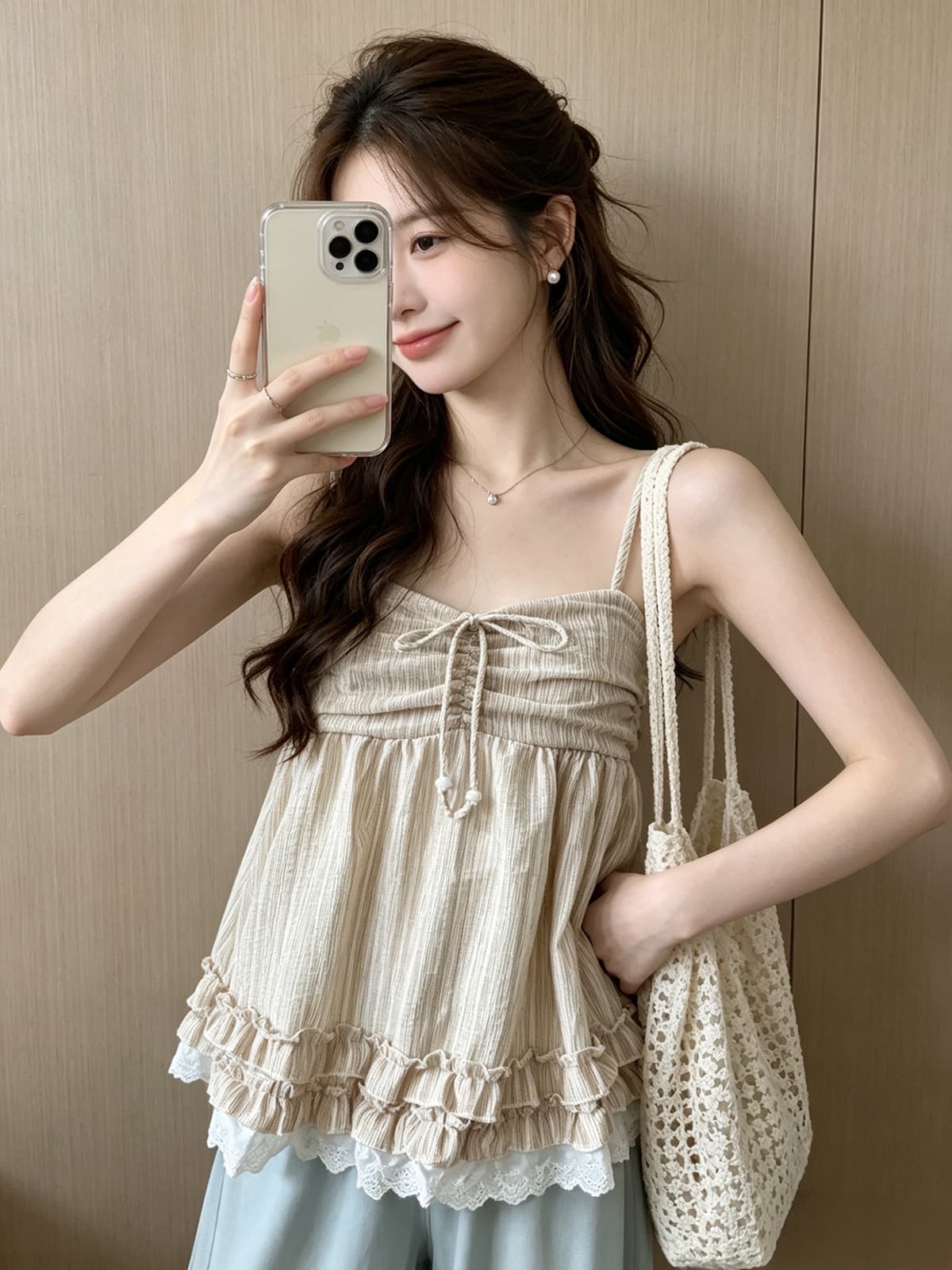 문예 휴가 바람 부드러운 나비 넥타이 스트라이프 캐미솔 프릴 레이스 조각 민소매 맨위 여성 상세 이미지 9