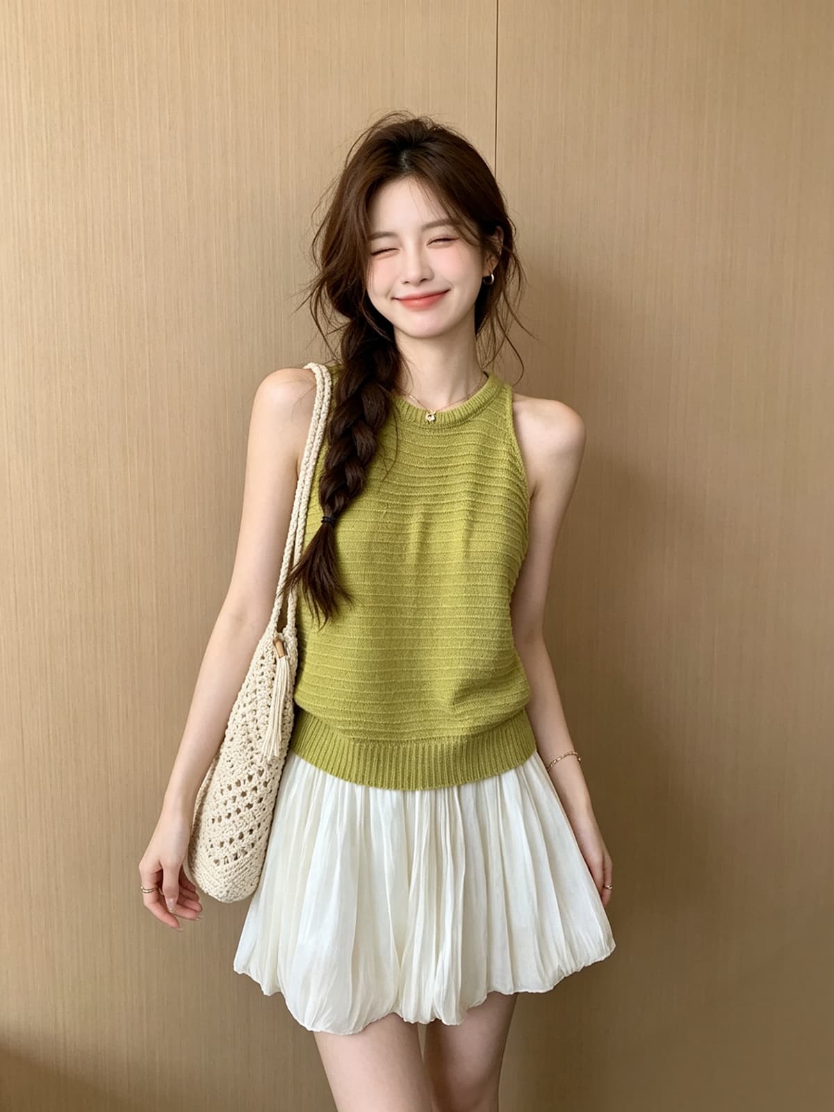 한 부서 달콤함 도파민 민소매 조끼 꽃밭 반 스커트 투피스 세트 여름 구덩이 기사 행침 목 맨위 꽃밭 치마 세트 이미지 3