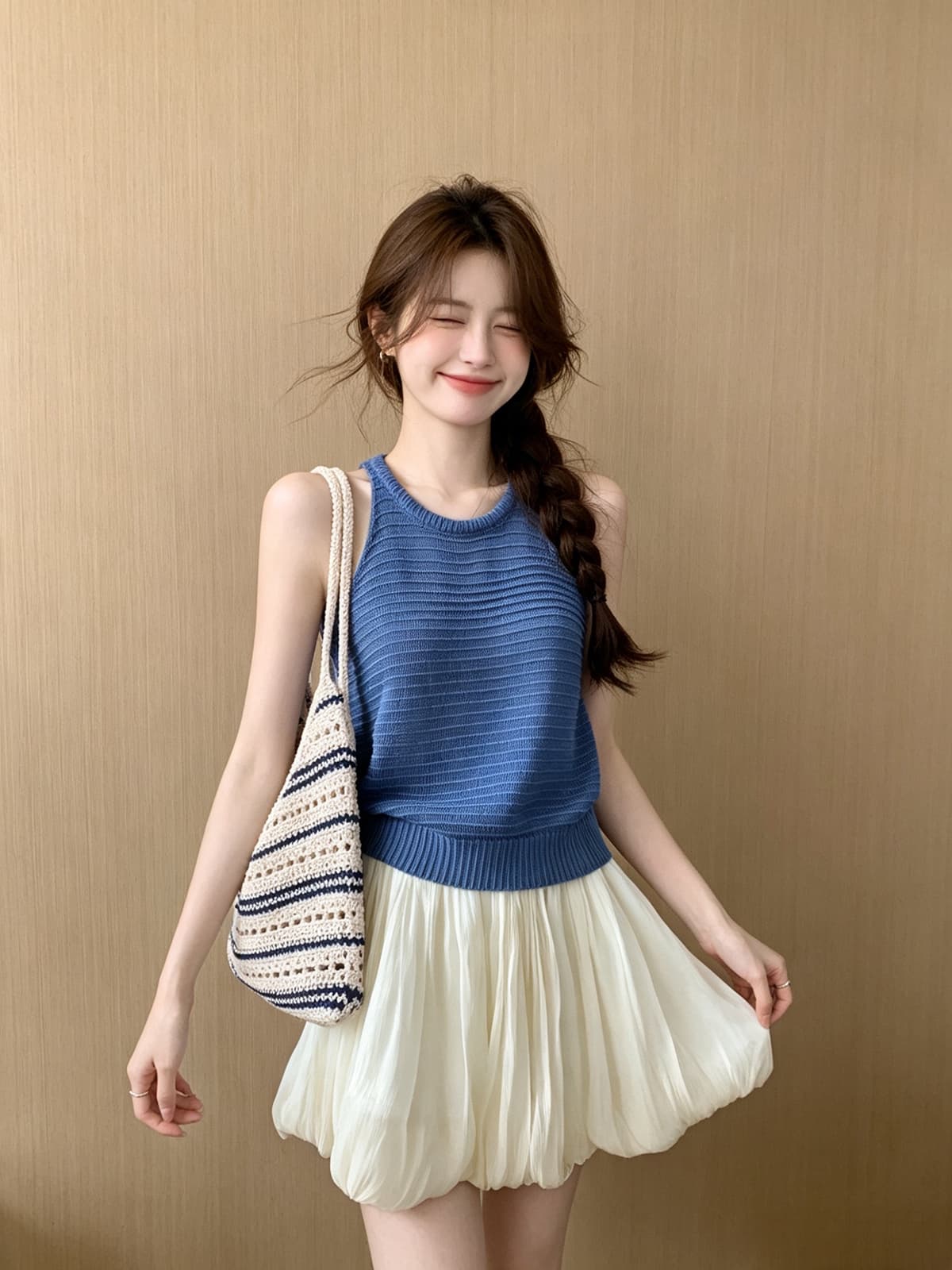 한 부서 달콤함 도파민 민소매 조끼 꽃밭 반 스커트 투피스 세트 여름 구덩이 기사 행침 목 맨위 꽃밭 치마 세트 상세 이미지 4