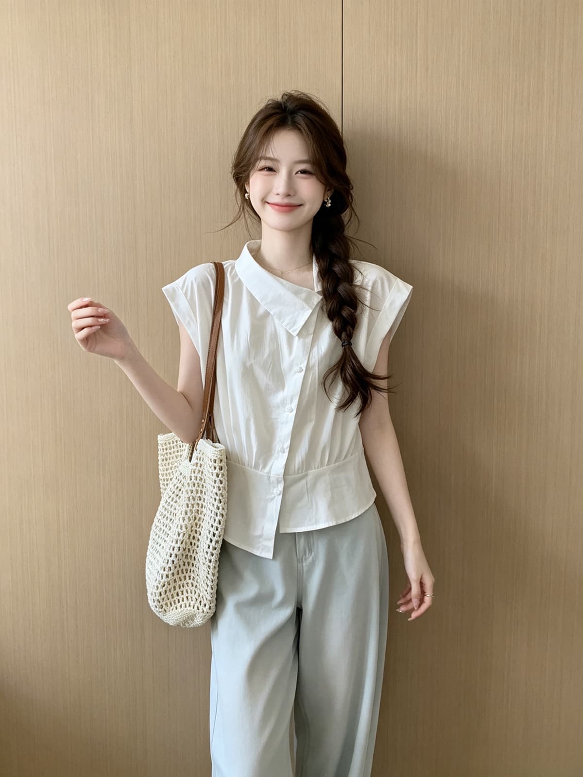 한 부서 출퇴근 체크무늬 아니요 규제 비스듬한 칼라 루즈핏 허리 수축 셔츠 2026 여름 새로운 개성 작은 대중 슬림해 보이는 맨위 이미지 2