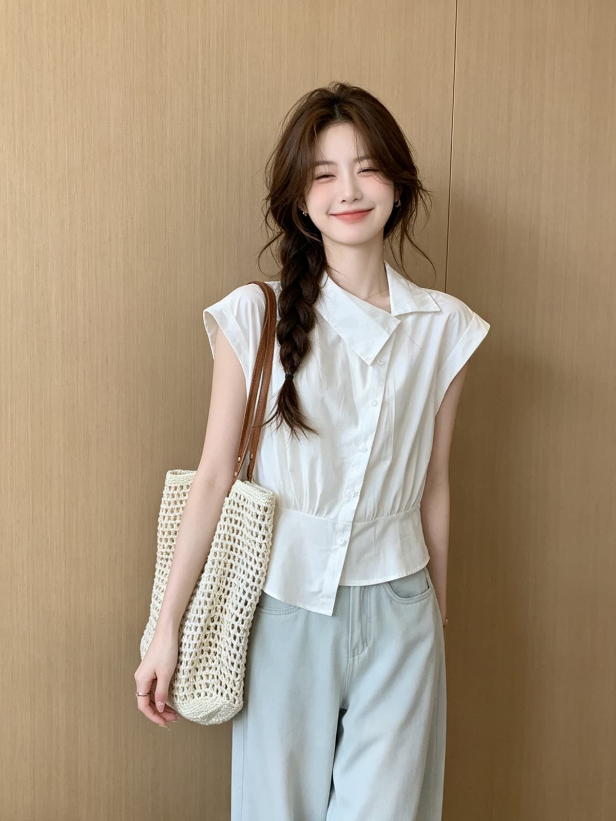 한 부서 출퇴근 체크무늬 아니요 규제 비스듬한 칼라 루즈핏 허리 수축 셔츠 2026 여름 새로운 개성 작은 대중 슬림해 보이는 맨위 이미지 4
