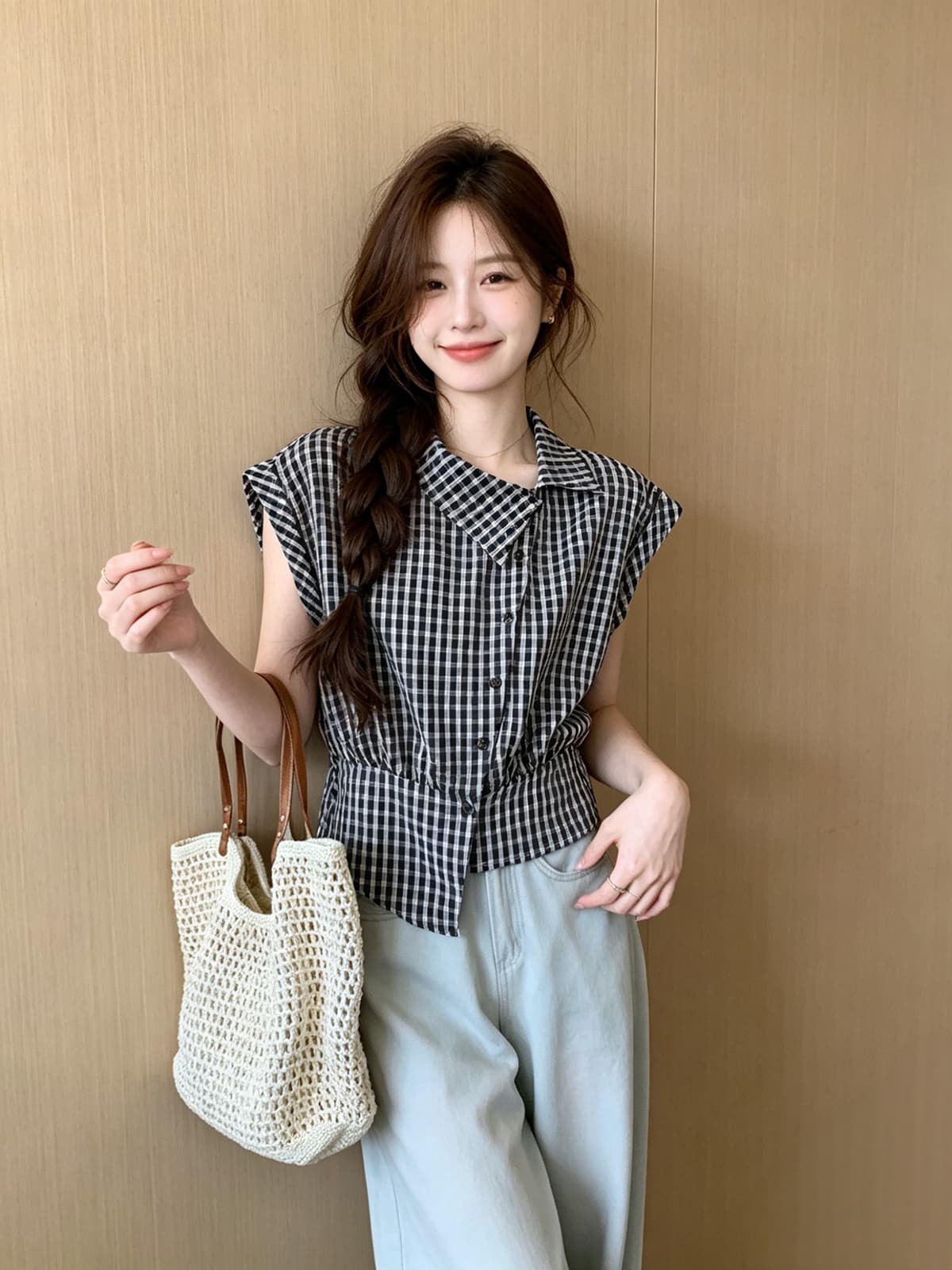 한 부서 출퇴근 체크무늬 아니요 규제 비스듬한 칼라 루즈핏 허리 수축 셔츠 2026 여름 새로운 개성 작은 대중 슬림해 보이는 맨위