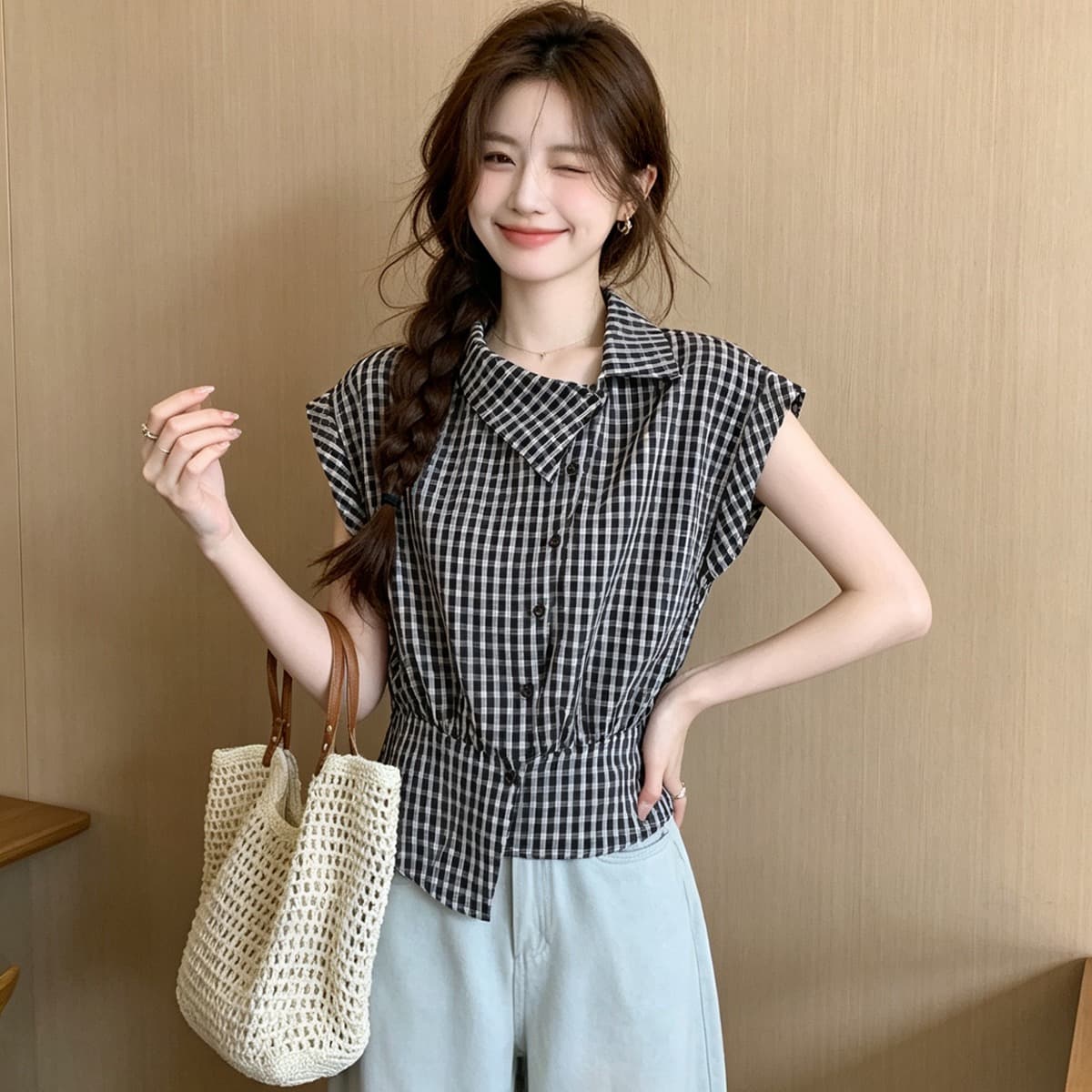 한 부서 출퇴근 체크무늬 아니요 규제 비스듬한 칼라 루즈핏 허리 수축 셔츠 2026 여름 새로운 개성 작은 대중 슬림해 보이는 맨위 이미지 5