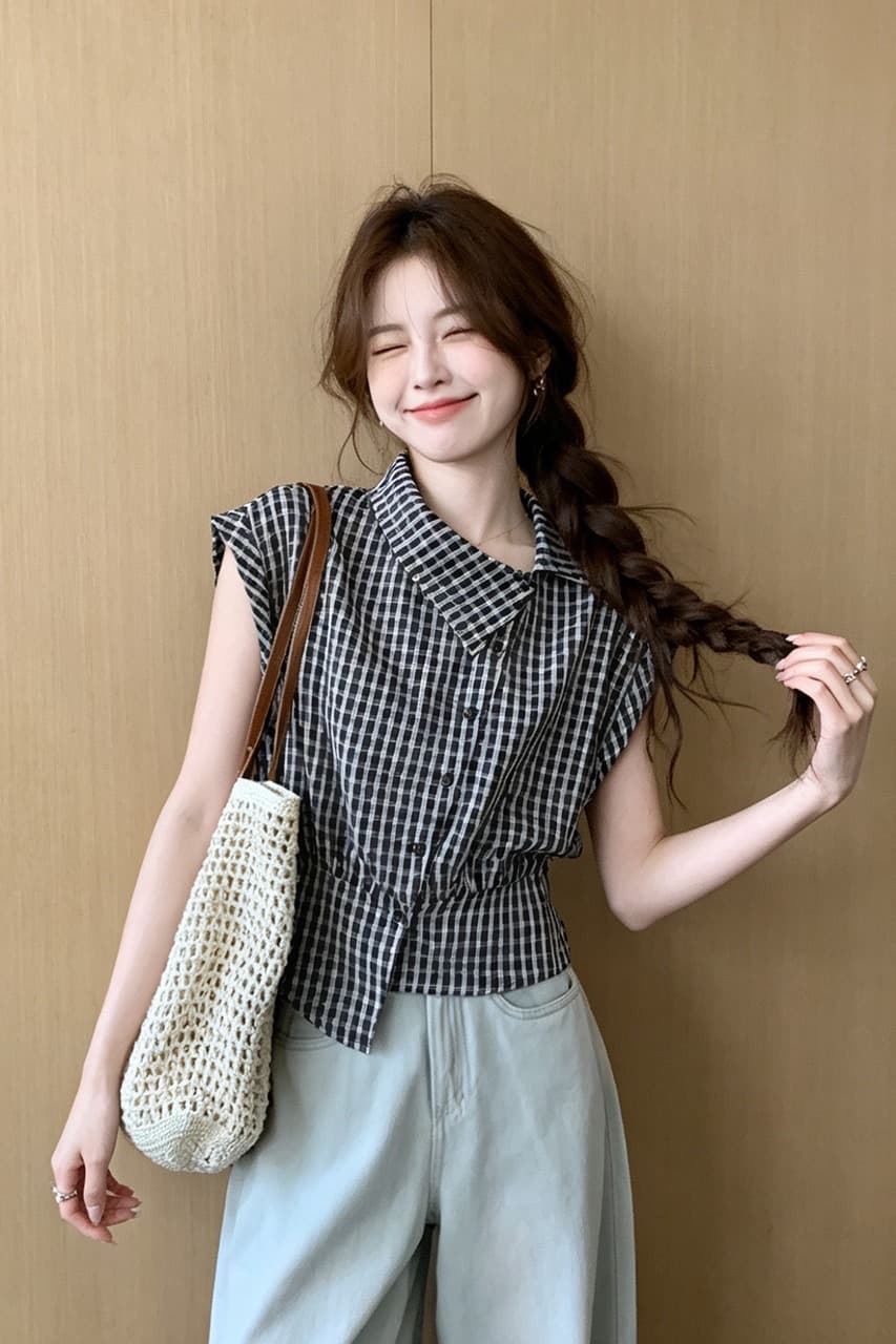 한 부서 출퇴근 체크무늬 아니요 규제 비스듬한 칼라 루즈핏 허리 수축 셔츠 2026 여름 새로운 개성 작은 대중 슬림해 보이는 맨위 이미지 6