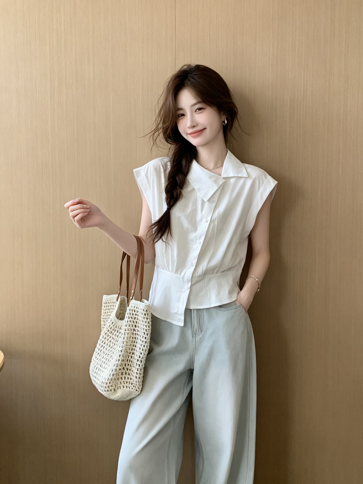 한 부서 출퇴근 체크무늬 아니요 규제 비스듬한 칼라 루즈핏 허리 수축 셔츠 2026 여름 새로운 개성 작은 대중 슬림해 보이는 맨위 상세 이미지 5