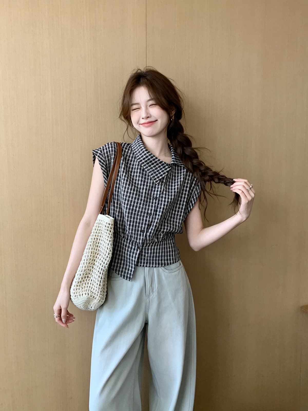 한 부서 출퇴근 체크무늬 아니요 규제 비스듬한 칼라 루즈핏 허리 수축 셔츠 2026 여름 새로운 개성 작은 대중 슬림해 보이는 맨위 상세 이미지 10