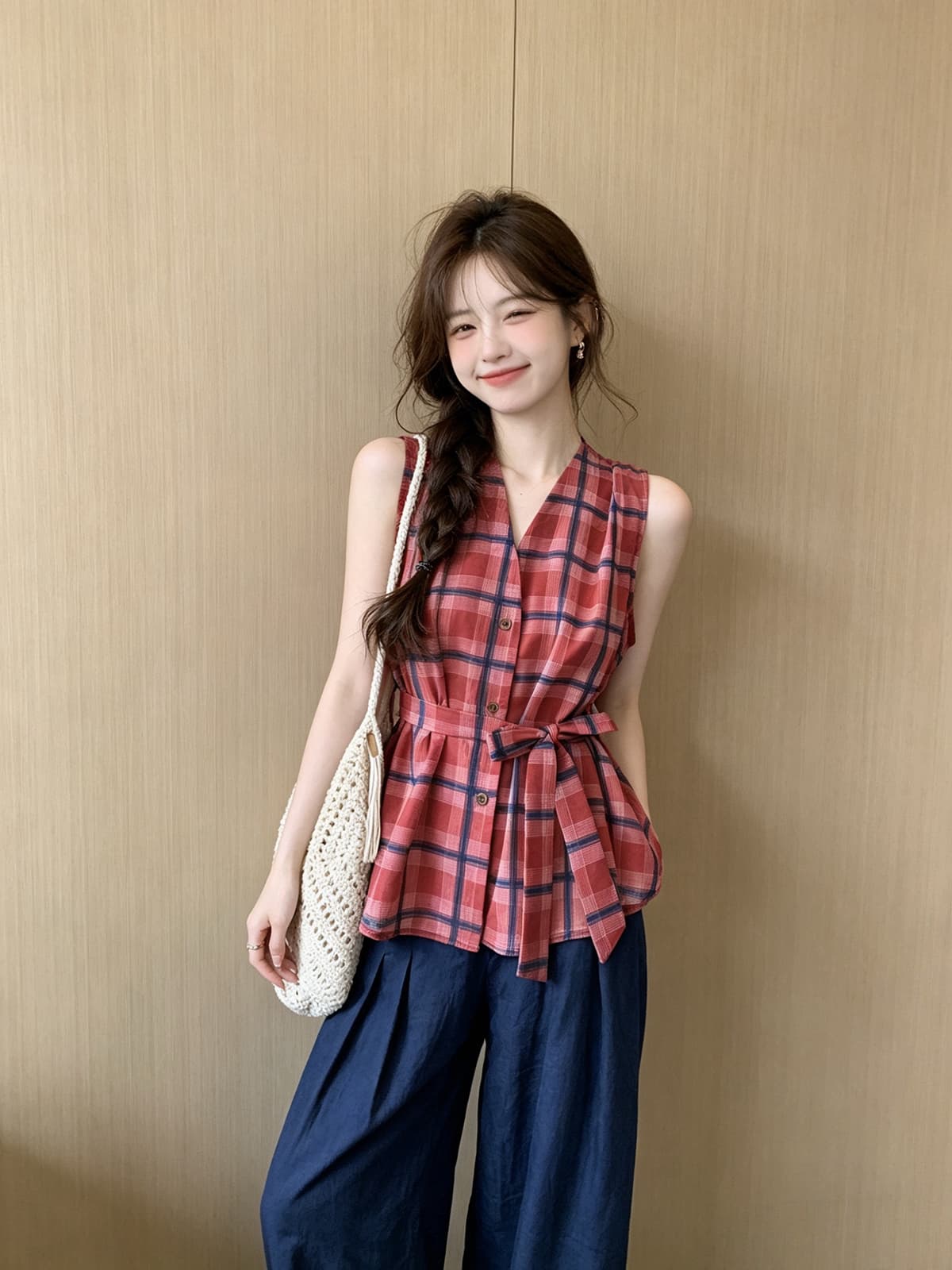 항구 바람 레트로 빨간색 블루 체크무늬 민소매 셔츠 2026 여름 새로운 허리 수축 레이스업 슬림해 보이는 품격 출퇴근 맨위 이미지 3