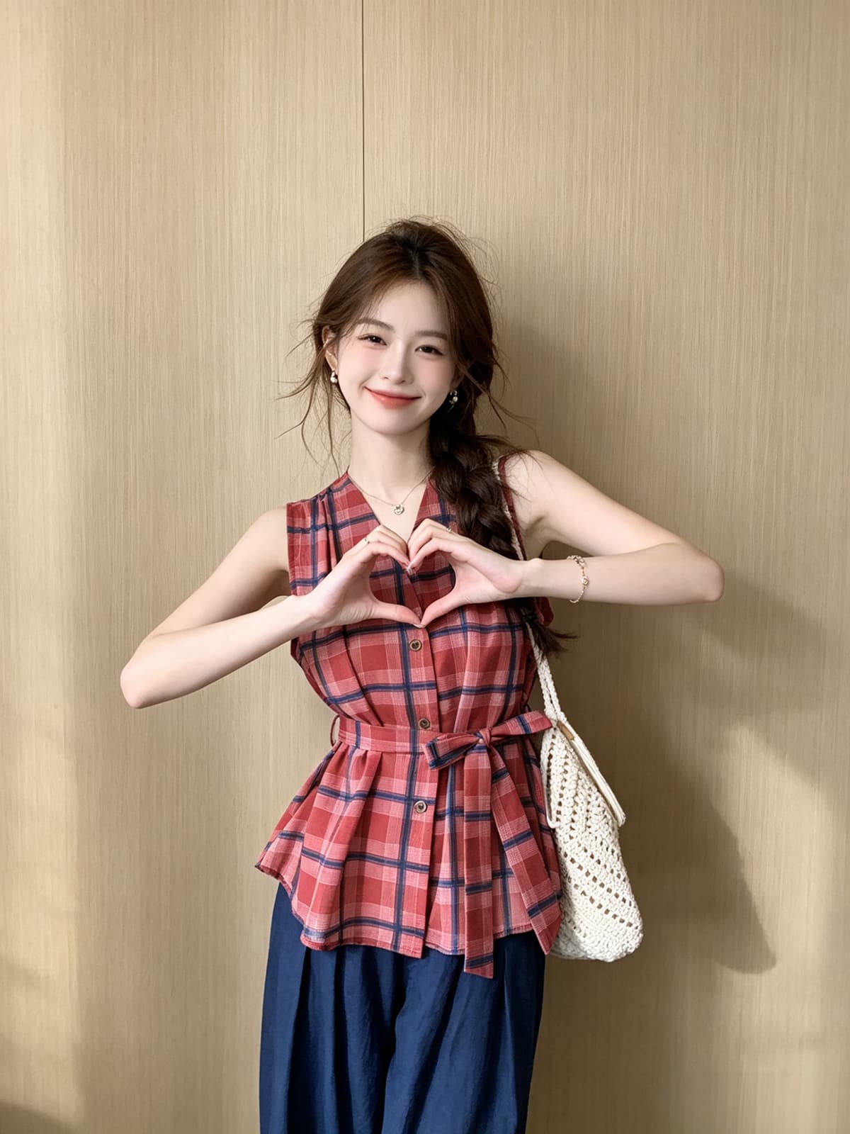 항구 바람 레트로 빨간색 블루 체크무늬 민소매 셔츠 2026 여름 새로운 허리 수축 레이스업 슬림해 보이는 품격 출퇴근 맨위 상세 이미지 6