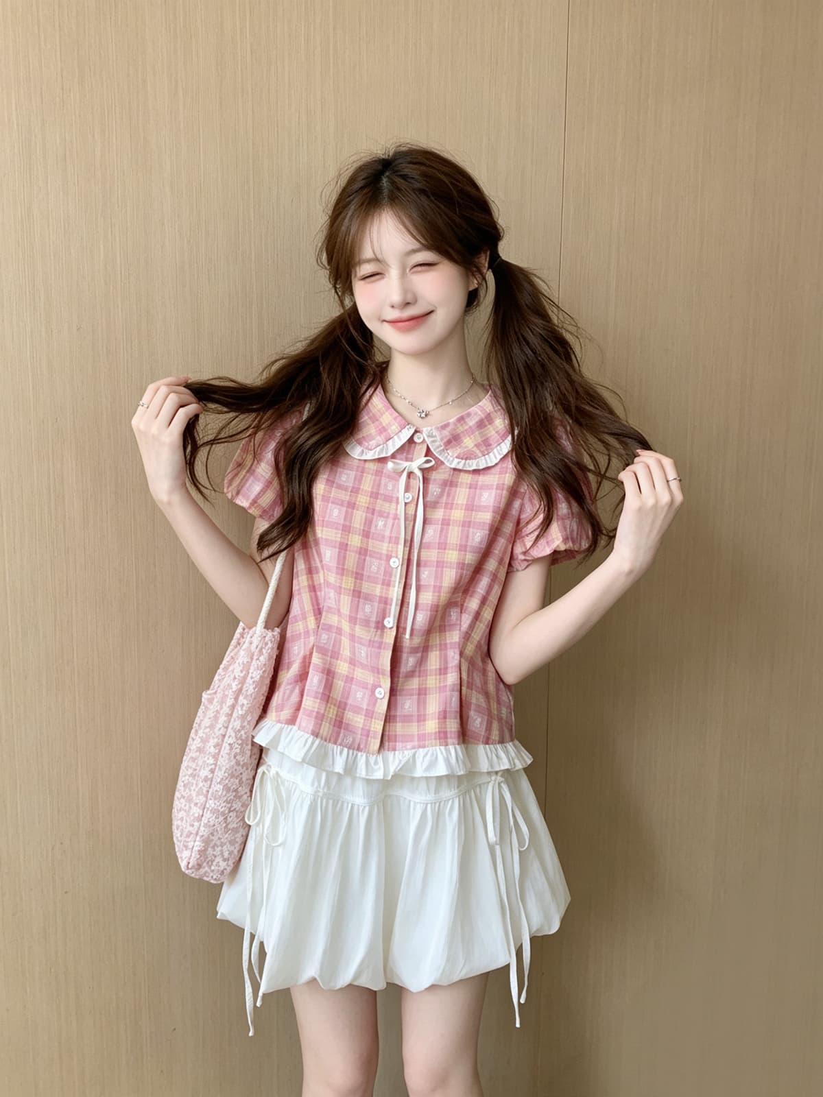 한 부서 학원 스타일 달콤함 체크무늬 셔츠 꽃밭 미니 스커트 투피스 세트 여름 패션 귀여운 루즈핏 연령 감소 세트 이미지 3