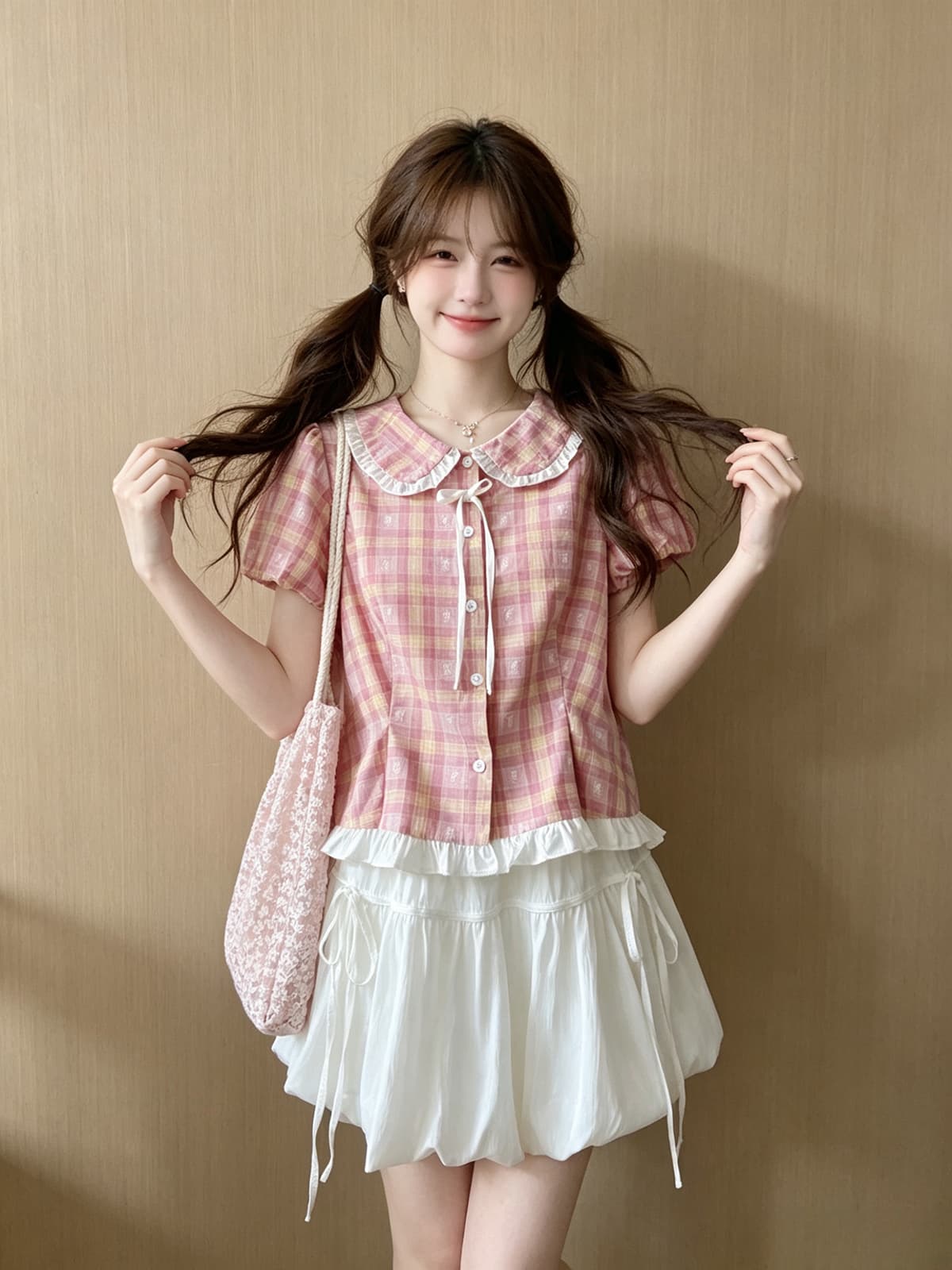 한 부서 학원 스타일 달콤함 체크무늬 셔츠 꽃밭 미니 스커트 투피스 세트 여름 패션 귀여운 루즈핏 연령 감소 세트