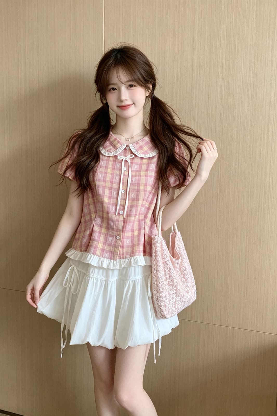 한 부서 학원 스타일 달콤함 체크무늬 셔츠 꽃밭 미니 스커트 투피스 세트 여름 패션 귀여운 루즈핏 연령 감소 세트 이미지 6