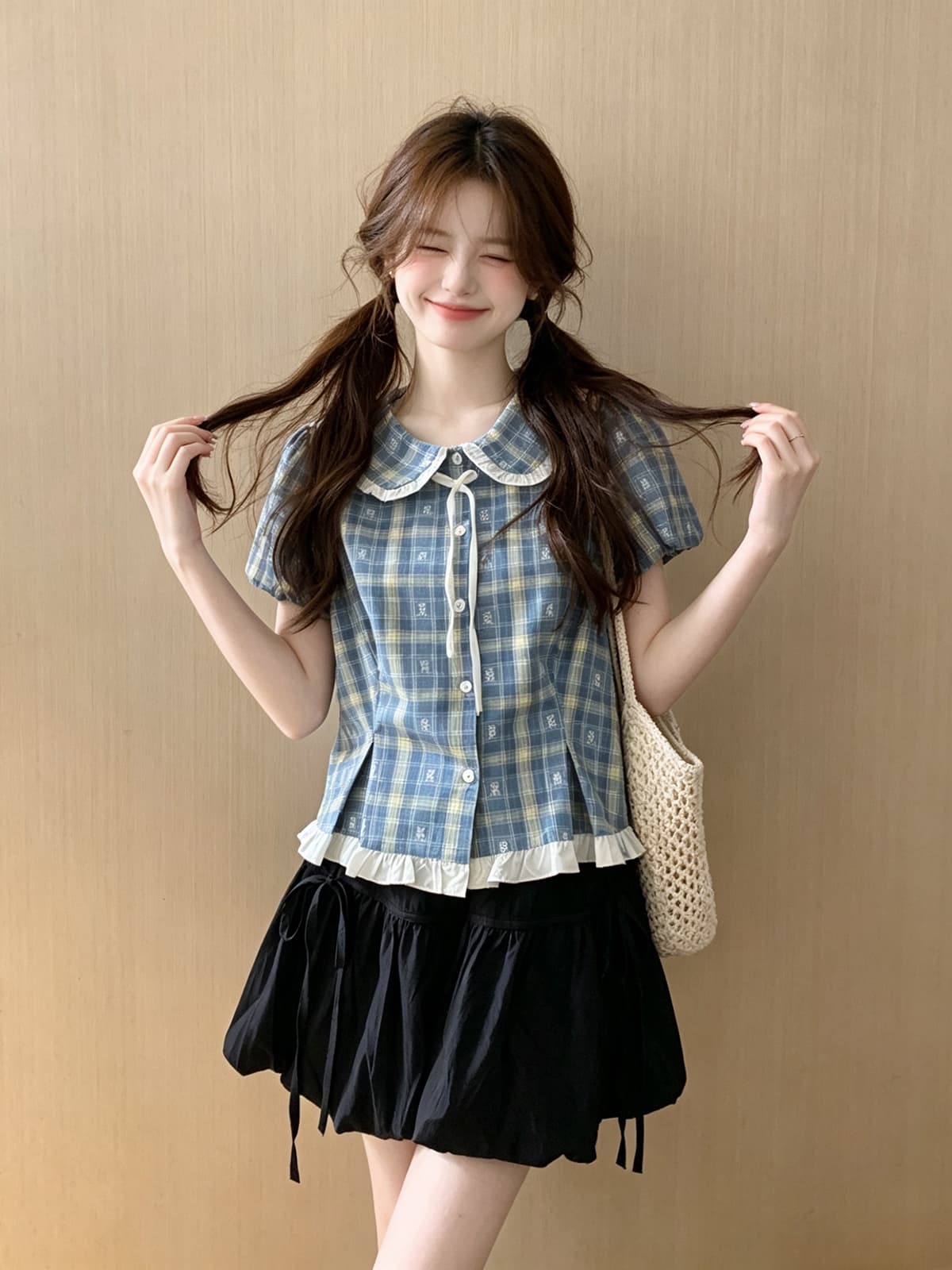 한 부서 학원 스타일 달콤함 체크무늬 셔츠 꽃밭 미니 스커트 투피스 세트 여름 패션 귀여운 루즈핏 연령 감소 세트 상세 이미지 2