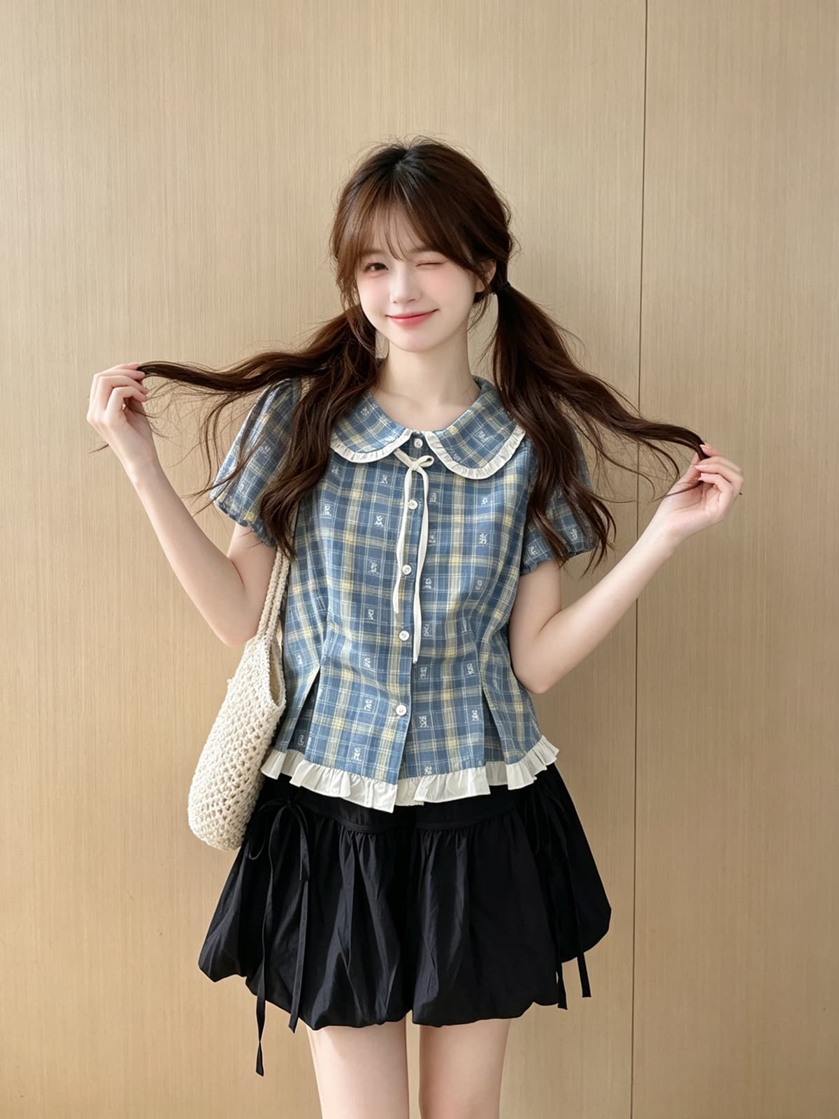 한 부서 학원 스타일 달콤함 체크무늬 셔츠 꽃밭 미니 스커트 투피스 세트 여름 패션 귀여운 루즈핏 연령 감소 세트 상세 이미지 8