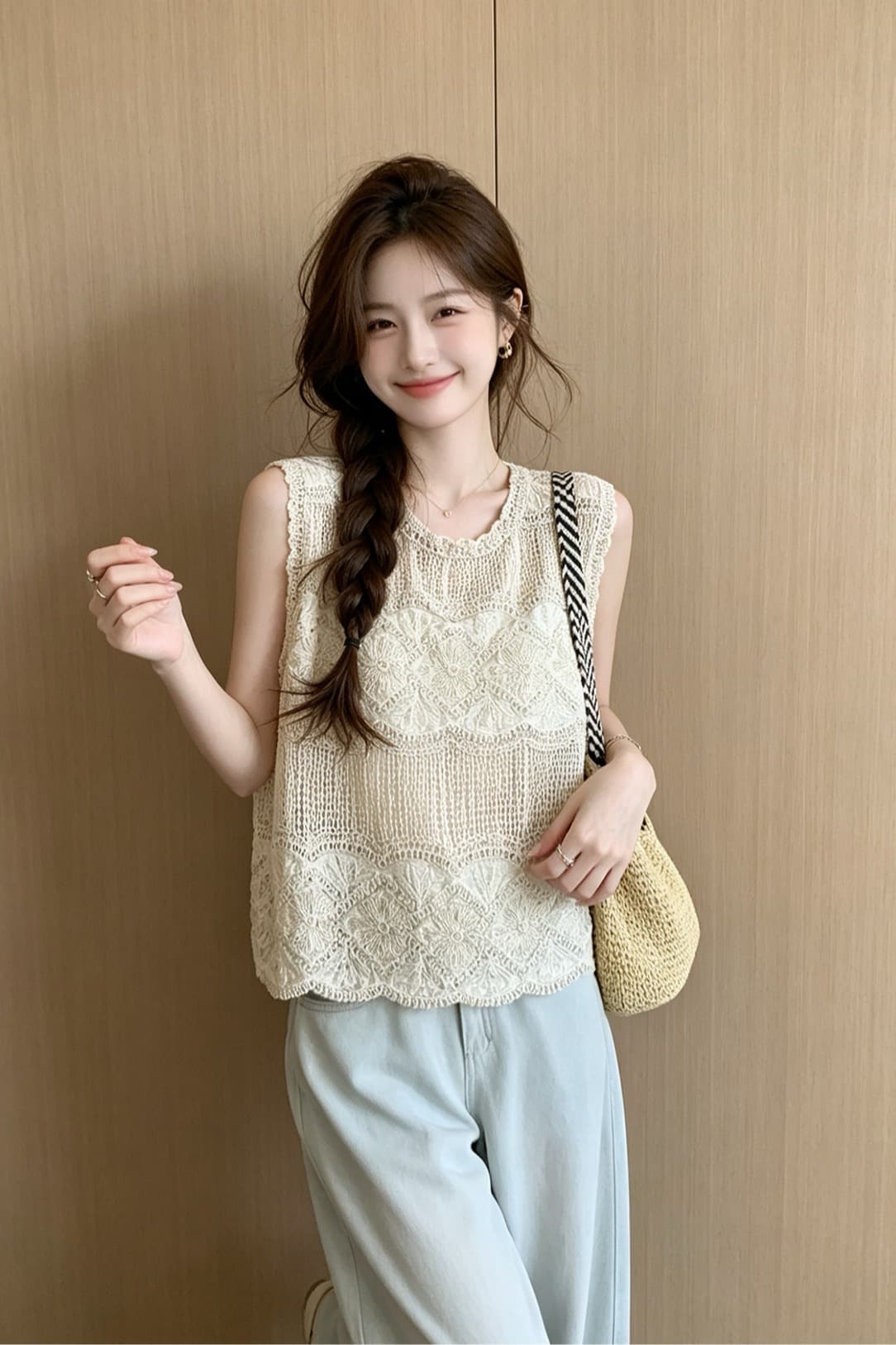 한 부서 미니멀리즘 2026 여름 새로운 레트로 다용도 레이스 자수 홀로우 아웃 민소매 니트 베스트 조끼 맨위 이미지 6