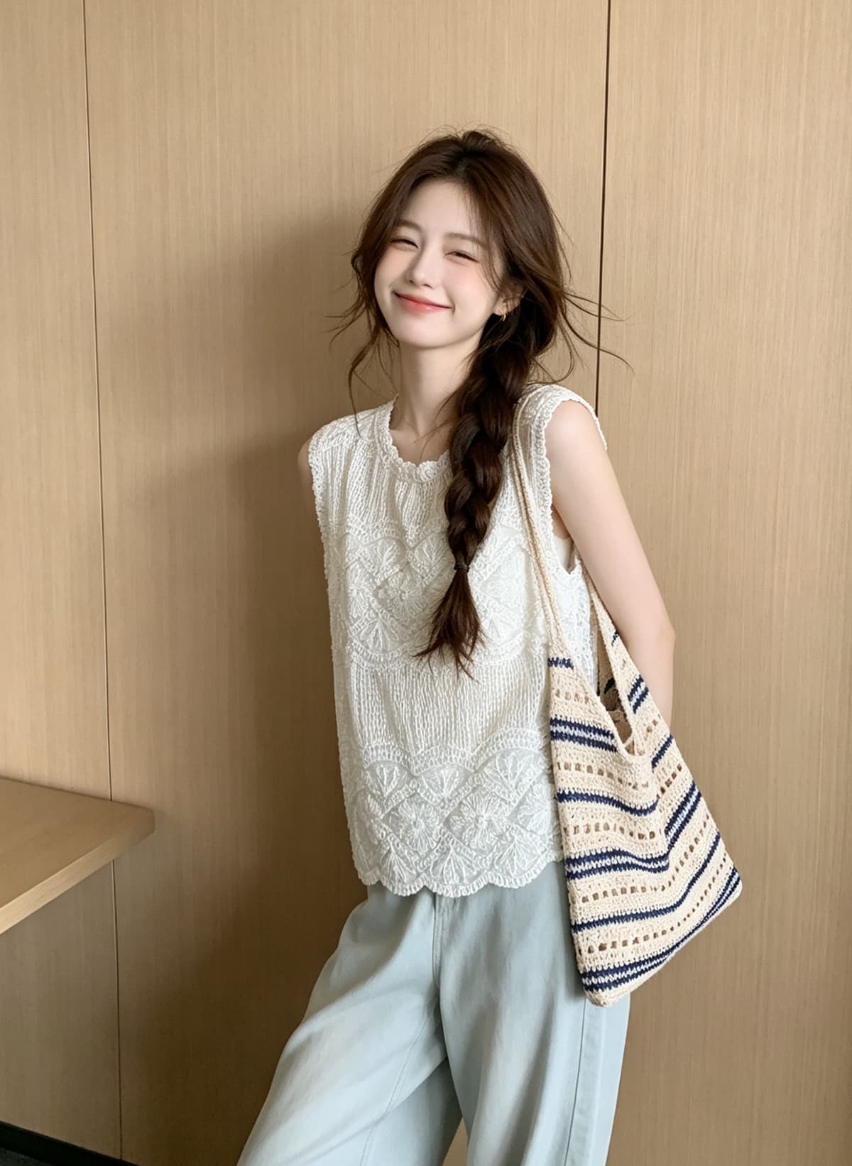 한 부서 미니멀리즘 2026 여름 새로운 레트로 다용도 레이스 자수 홀로우 아웃 민소매 니트 베스트 조끼 맨위 상세 이미지 1