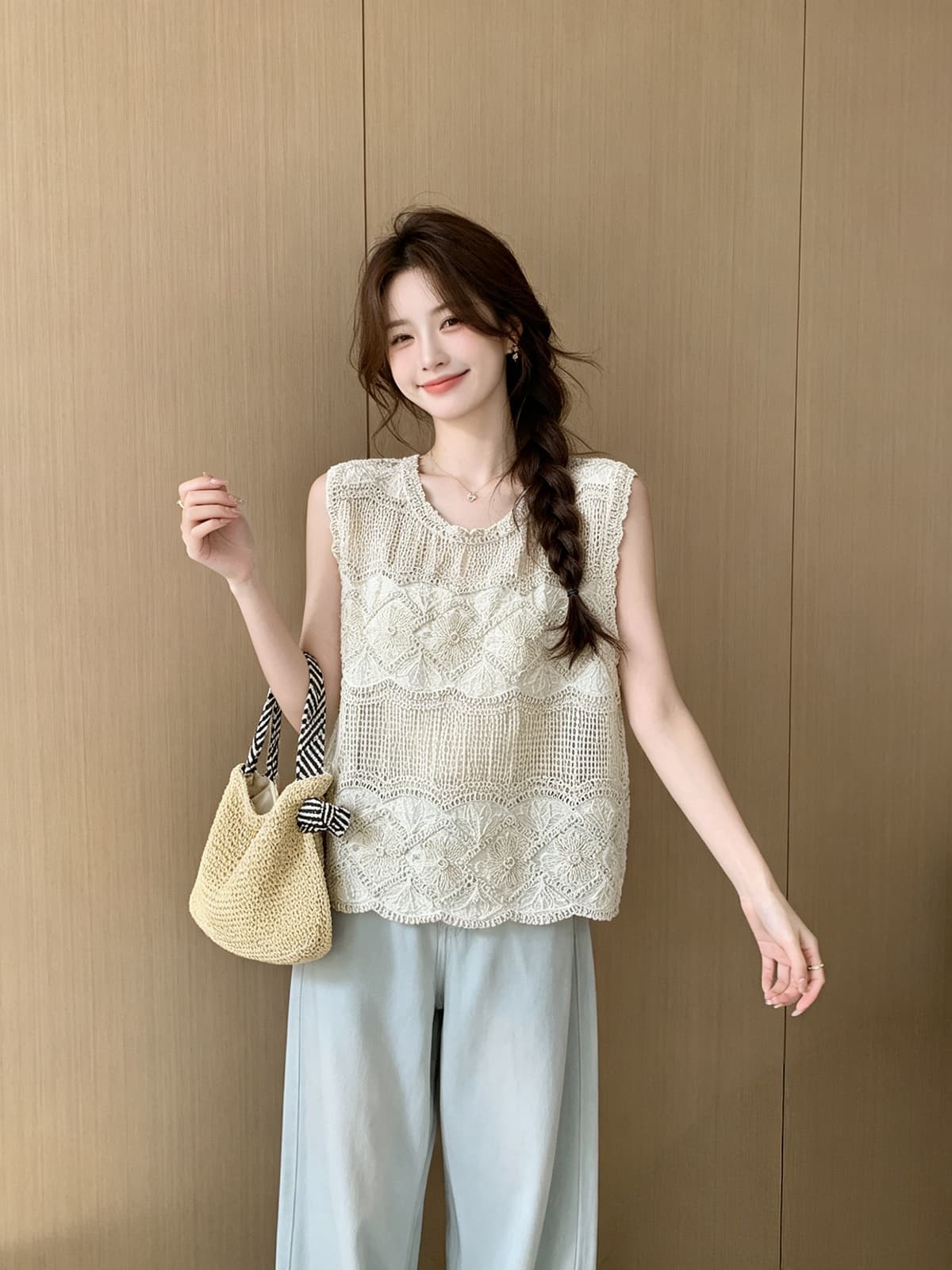 한 부서 미니멀리즘 2026 여름 새로운 레트로 다용도 레이스 자수 홀로우 아웃 민소매 니트 베스트 조끼 맨위 상세 이미지 7