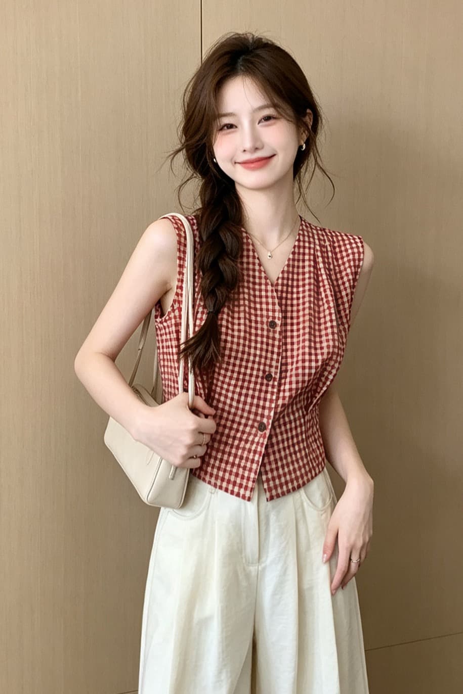 레트로 스타일 항구 바람 체크무늬 작은 키 V넥 민소매 셔츠 2026 여름 새로운 허리 수축 단추 맨위 작은 셔츠 이미지 6