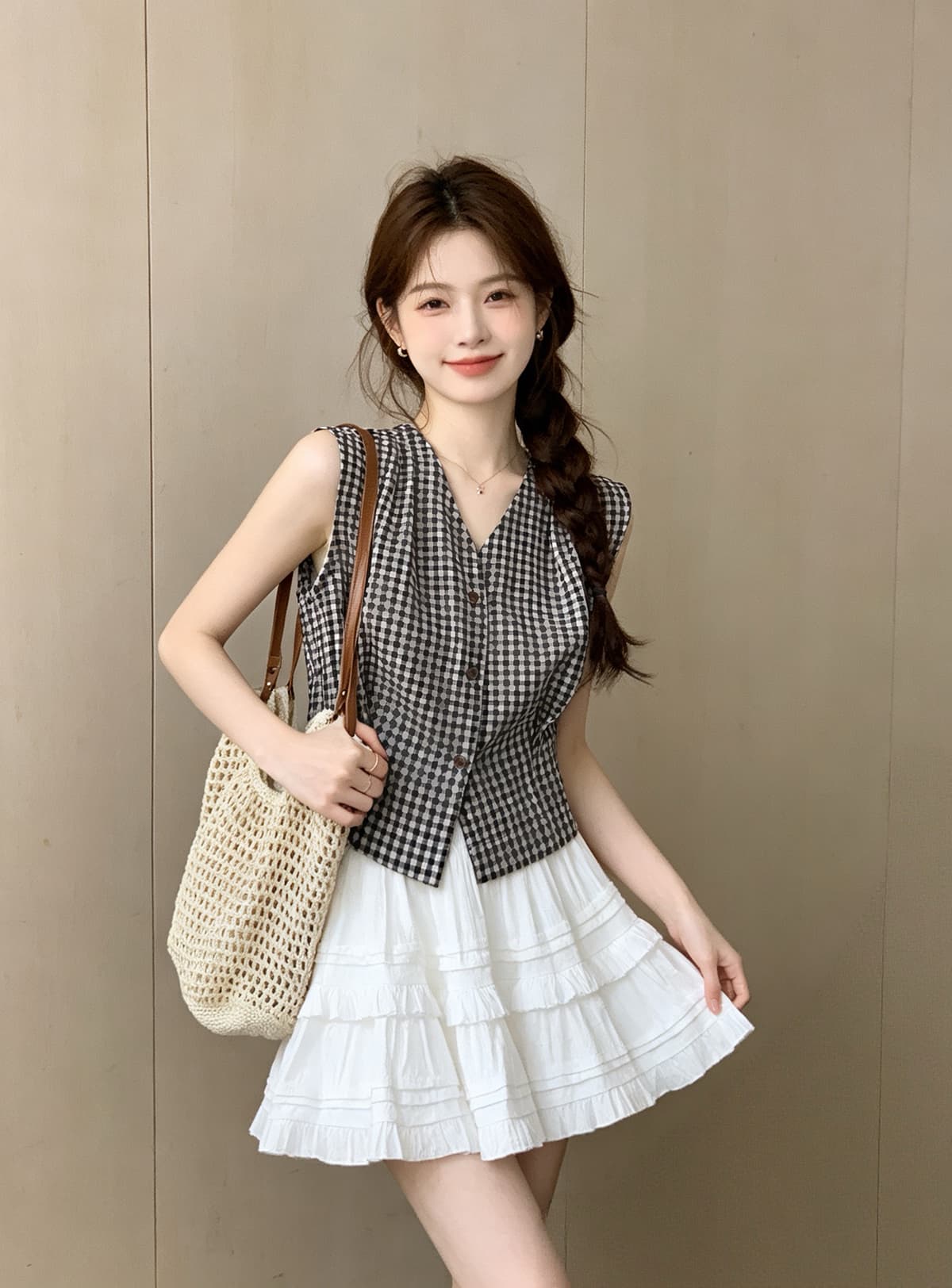 레트로 스타일 항구 바람 체크무늬 작은 키 V넥 민소매 셔츠 2026 여름 새로운 허리 수축 단추 맨위 작은 셔츠 상세 이미지 2