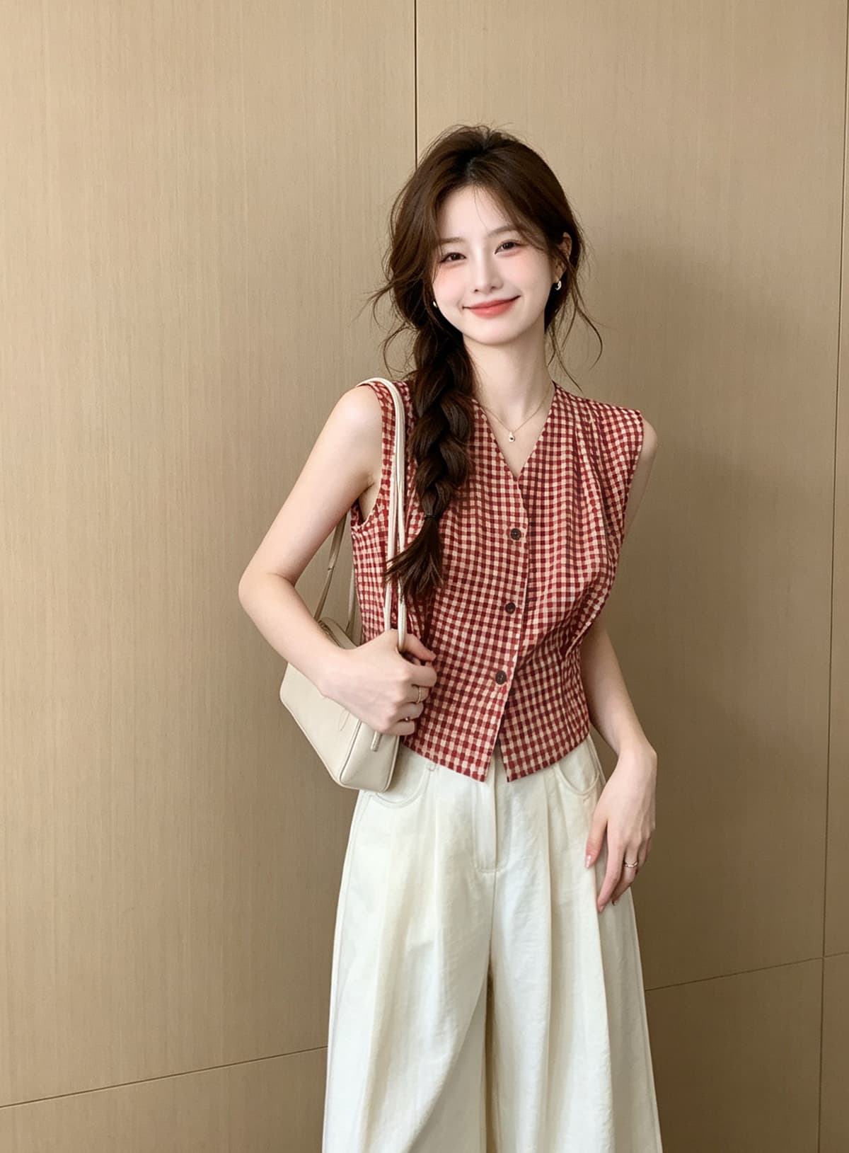레트로 스타일 항구 바람 체크무늬 작은 키 V넥 민소매 셔츠 2026 여름 새로운 허리 수축 단추 맨위 작은 셔츠 상세 이미지 4